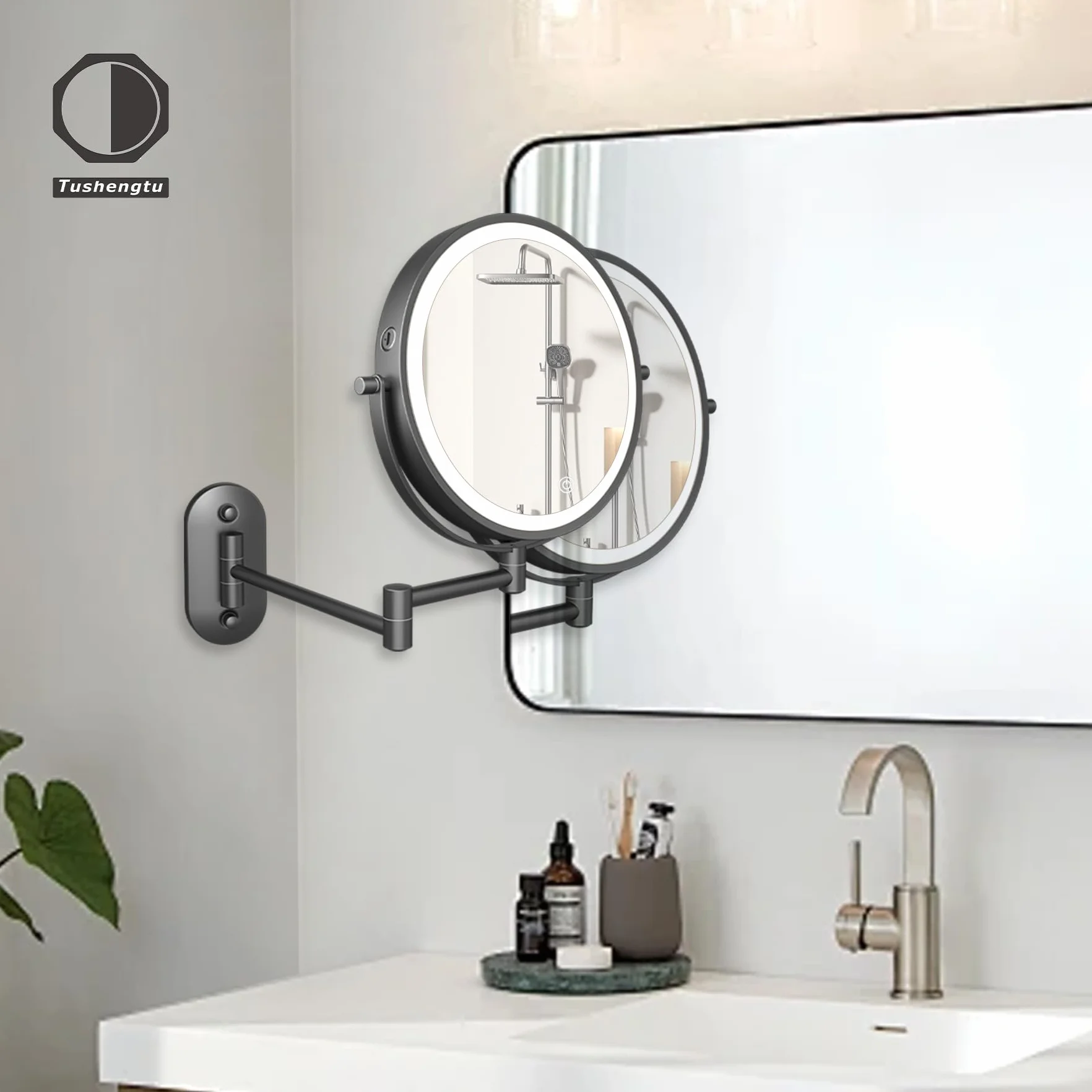 Miroir Grossissant Lumineux De 8" avec LED Grossissant Lumineux Mural X 10 pour Coiffeuse D'hôtel, Salle De Bain Et Rasage Rechargeable par USB,Miroir Mural Salle De Bain (noir-10X)