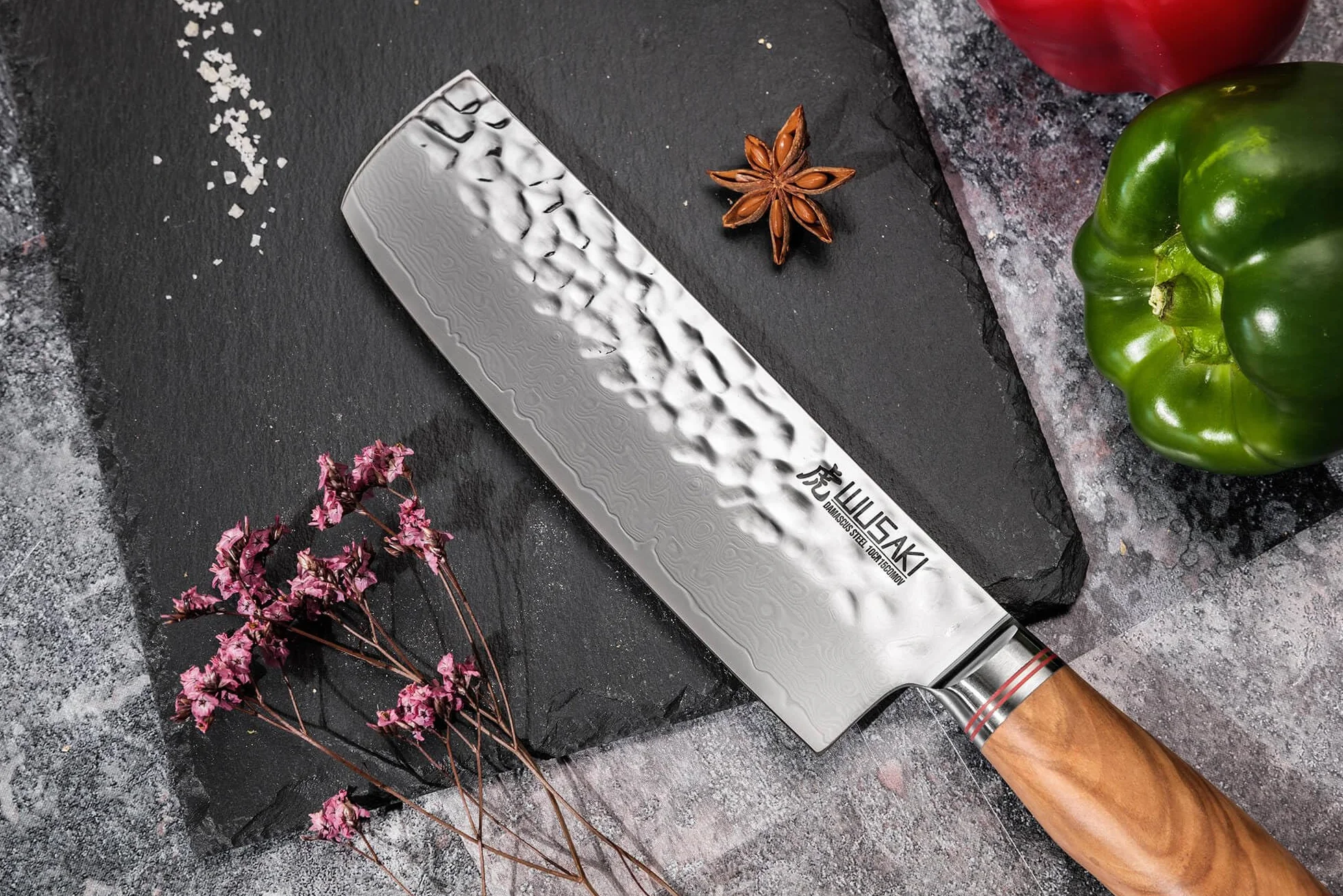 Wusaki Couteau Nakiri 17cm en Damas 10Cr Manche Olivier Design Japonais - Vendu dans un coffret cadeau