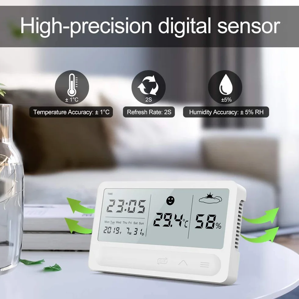Thermomètre hygromètre LCD intérieur numérique Station météo avec réveil Chargement USB