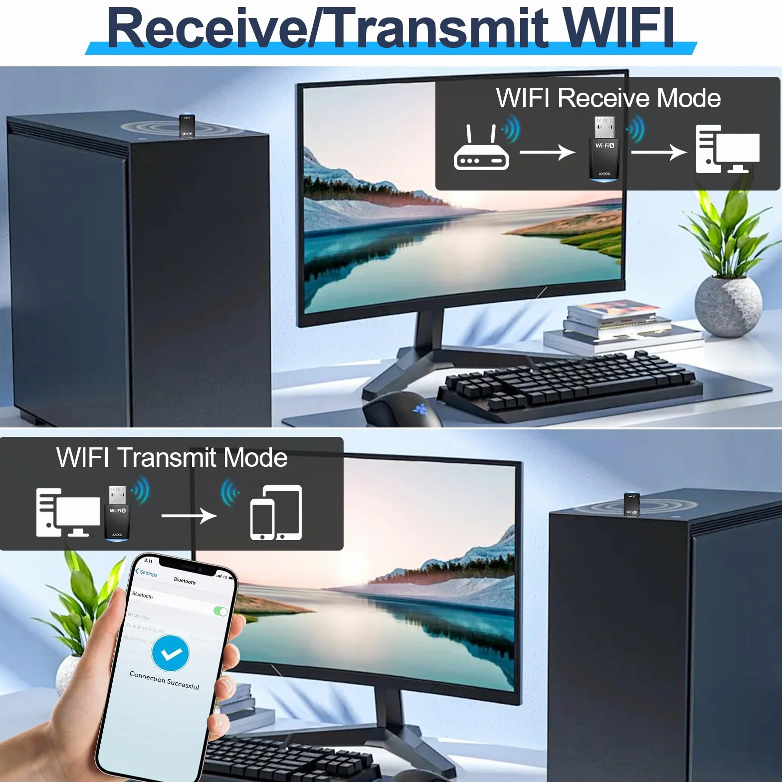 AX900 WiFi 6 Carte WiFi USB Double Bande 5GHz 2.4GHz Adaptateur WiFi Compatible Windows 11/10/7