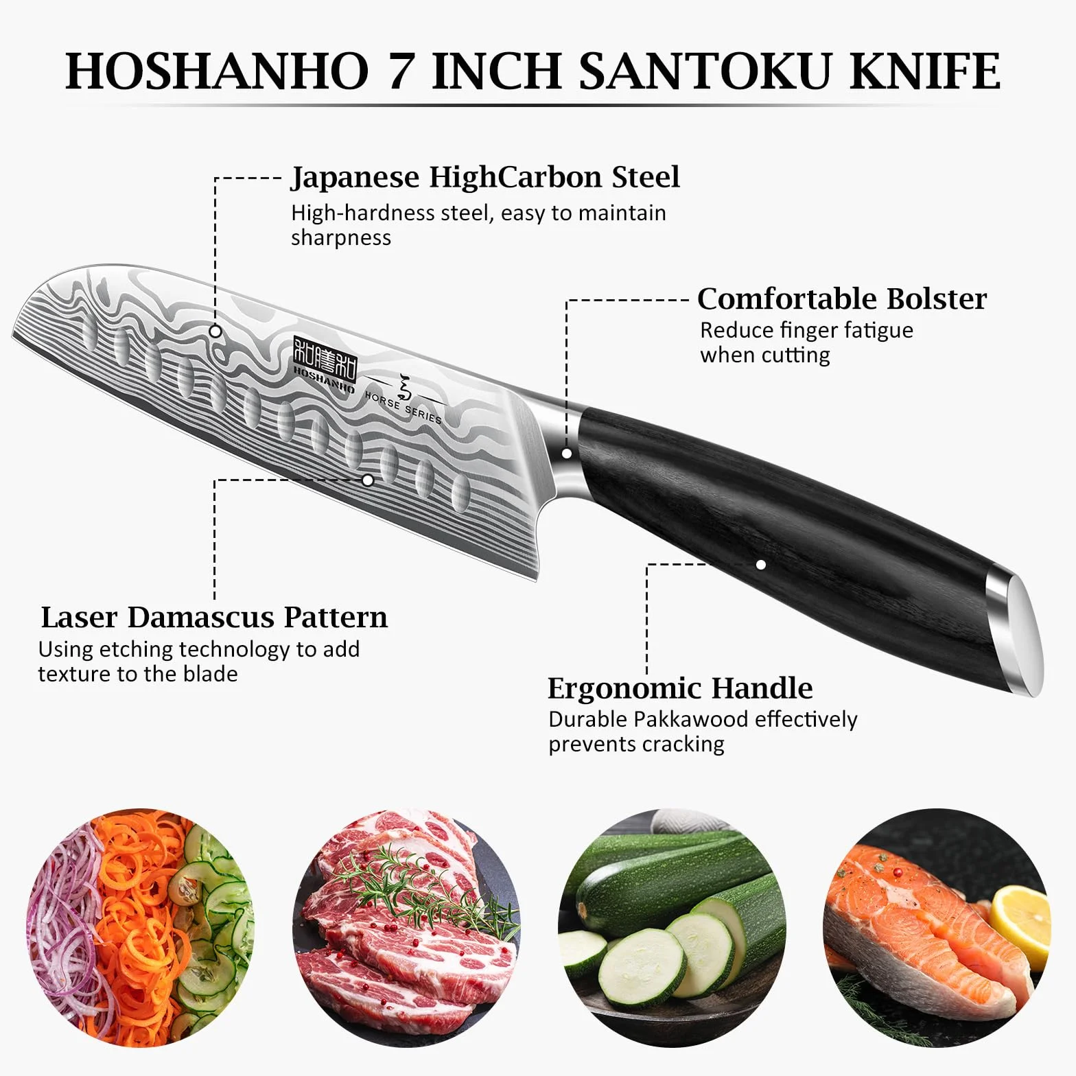 HOSHANHO Couteau Santoku 18 cm, Couteau de Cuisine Japonais Ultra-Tranchant en Acier à Haute Teneur en Carbone, Couteau de Chef Professionnel avec Manche Ergonomique