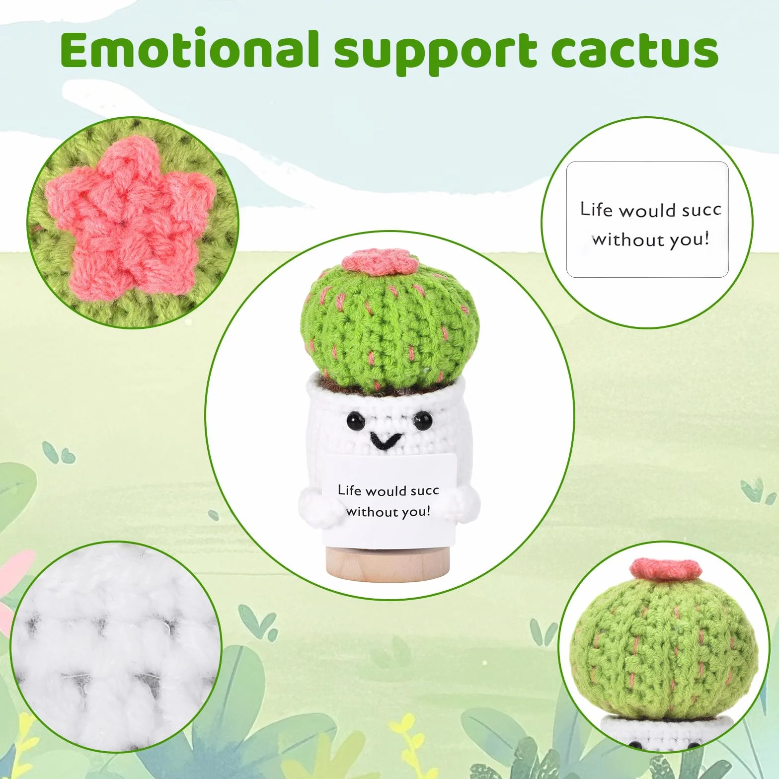 Cactus au Crochet Positif avec Socle, Carte, Cadeau Rétablissement
