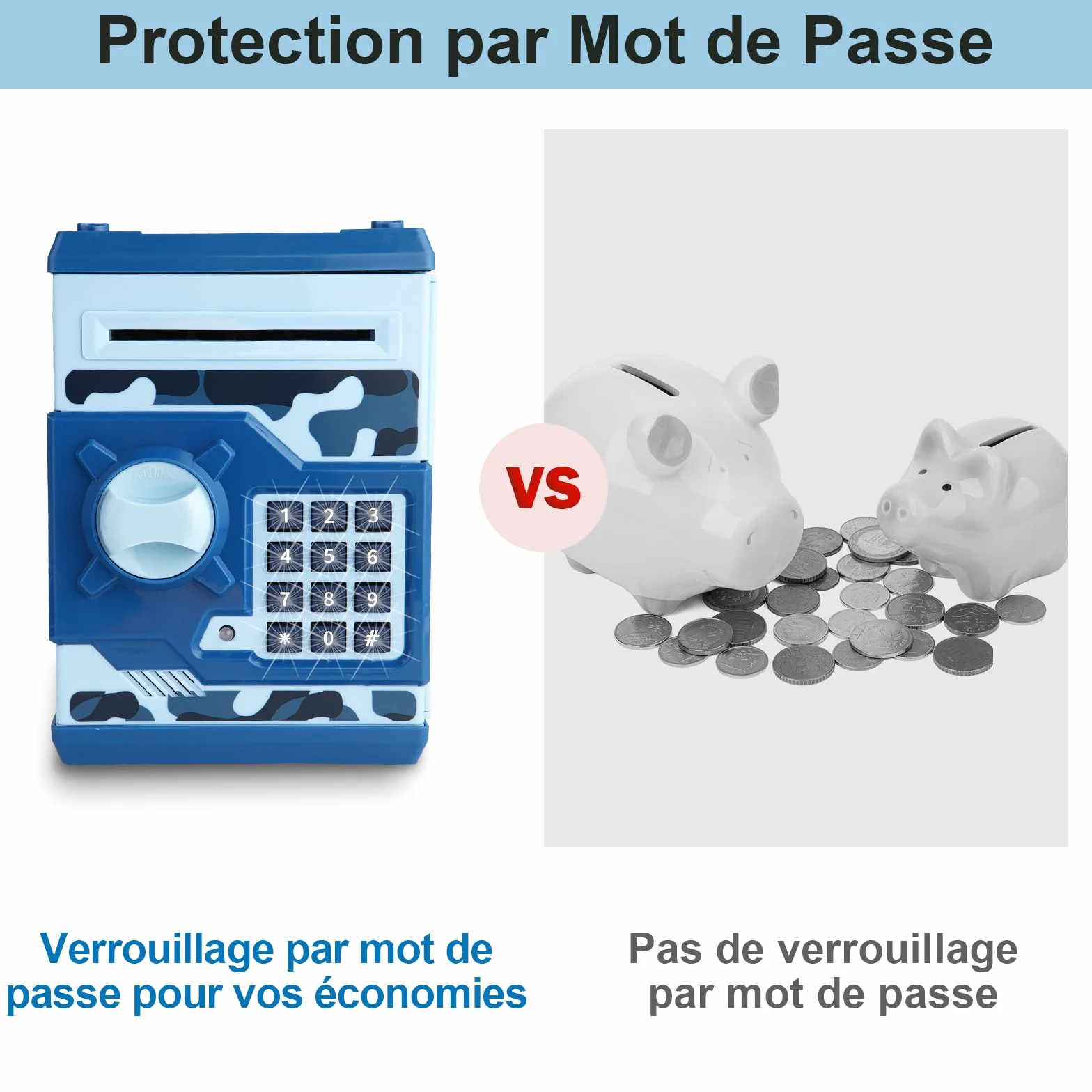 Tirelire Électronique ATM pour Enfants 3+ Coffre-Fort à Code Pièces Billets Grande Capacité Papier Défilement Automatique Bleu