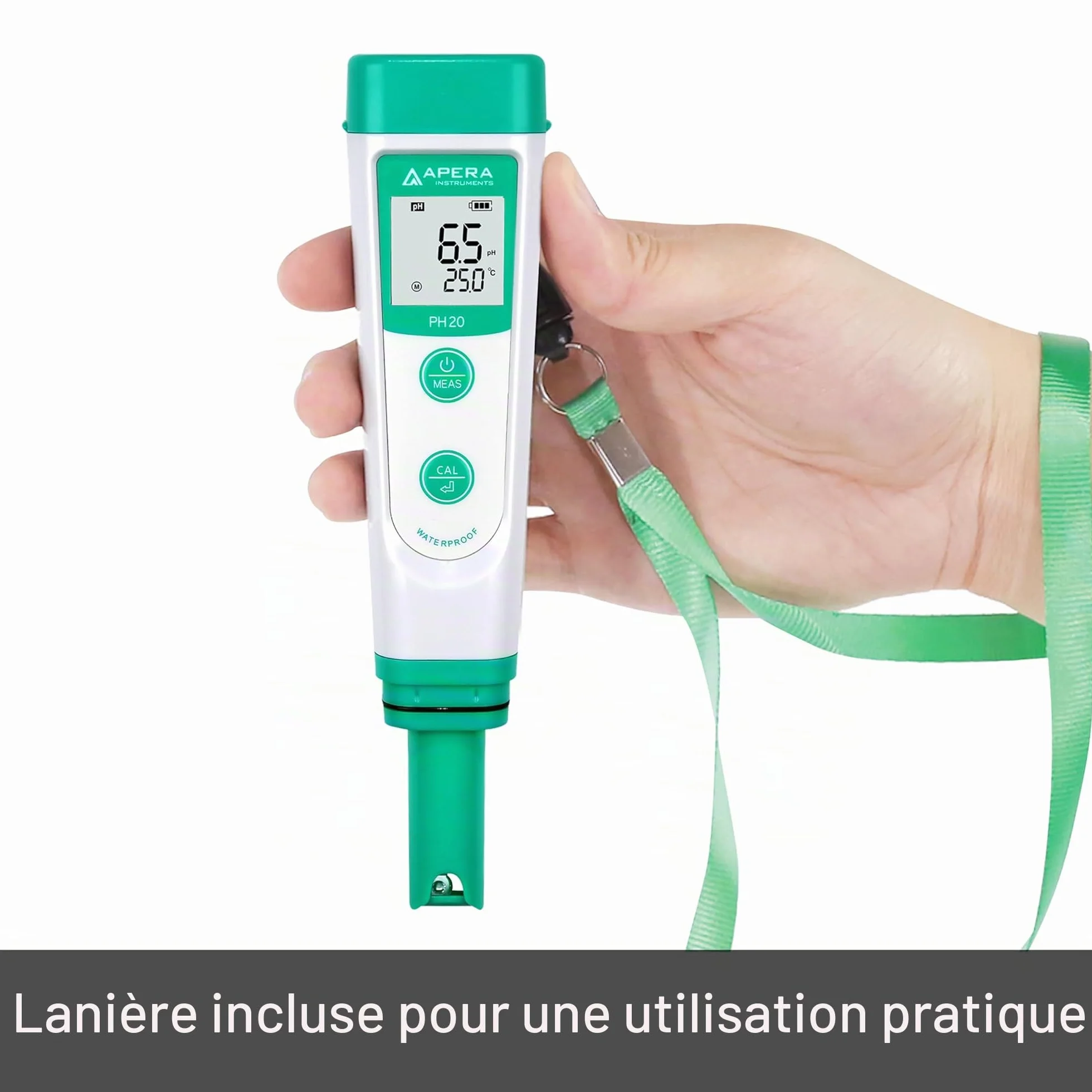 Apera Instruments PH20, Testeur de poche, étanche, précision ±0,1 pH, plage de pH 0-14, capteur de température ± 0,5 °C, kit complet