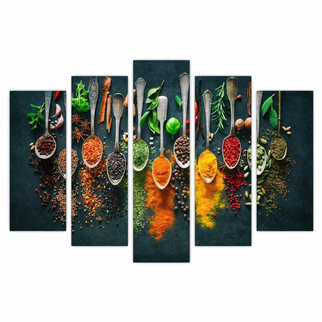 AREDE Lot de 5 Affiches murales Multi Panneaux Épices aux herbes | 120 x 80 cm | Tableau Art Décoration Murale pour la Maison, le Bureau, le Salon, la Chambre à coucher - Prête à être accrochée