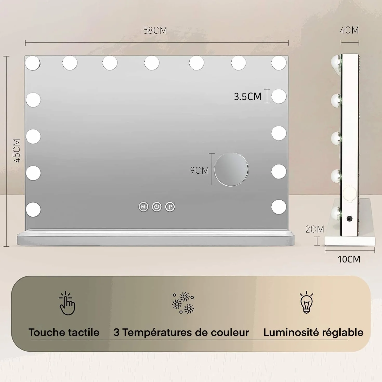 YOURLITE Miroir Maquillage Hollywood 58X45 cm,15 Ampoules LEDMiroir Coiffeuse Luminosité Variable avec Port USB, Contrôle Tactile avec Loupe Grossissante, pour Coiffeuse Miroir sur Table/sur Mur