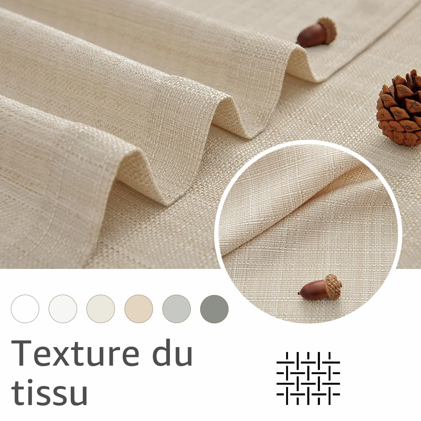 Rideaux Cuisine Court Beige 70L x 90H(cm) 2 Panneaux Passe Tringle Brise-Bise Moderne