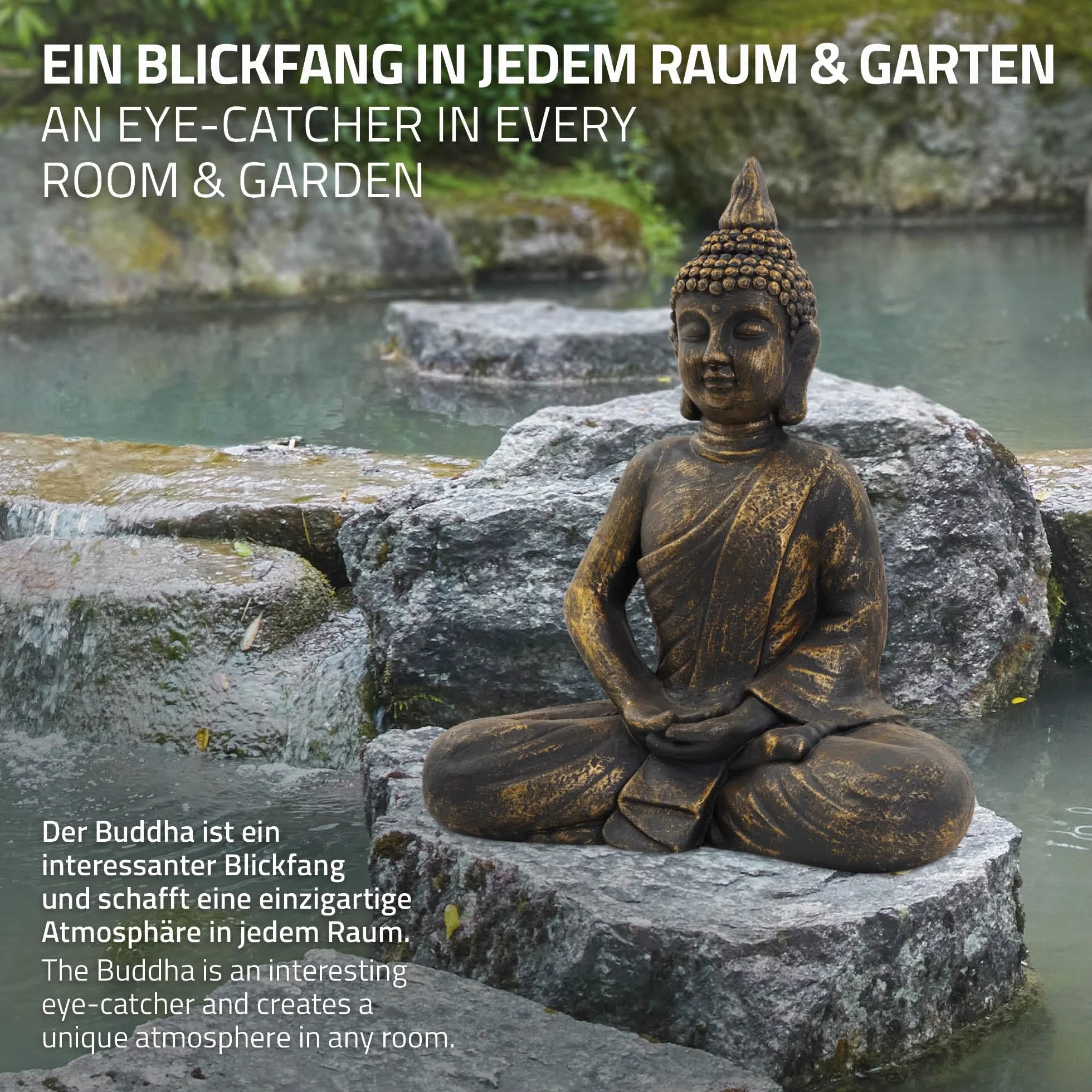 ECD Germany Statue de Bouddha Assise 50 cm Pierre Artificielle Polyrésine Aspect Bronze Sculpture Décoration Jardin Feng Shui Yoga