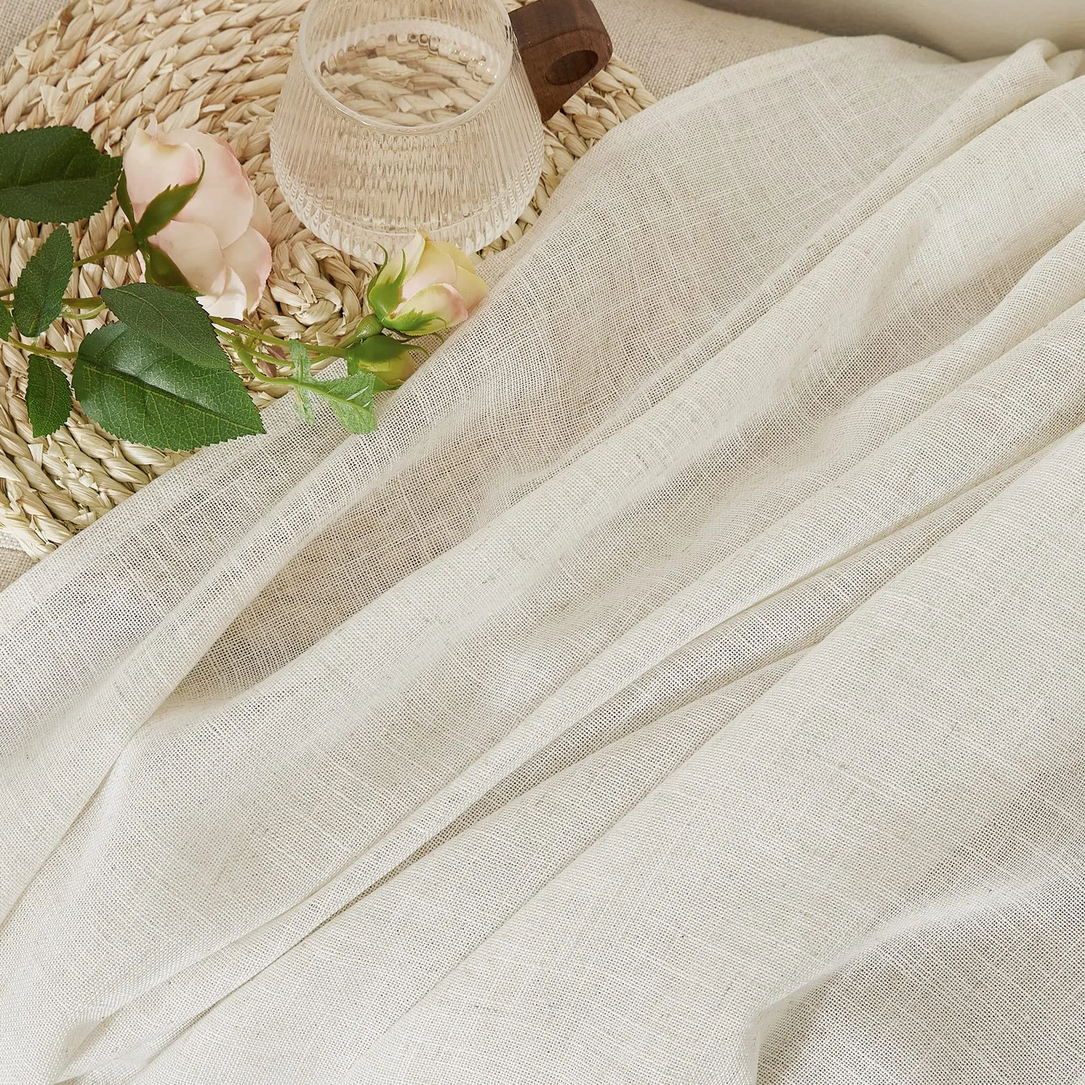 Rideaux Voilage Lin Naturel Demi Transparent 140x245 cm Beige Clair 2 Pièces