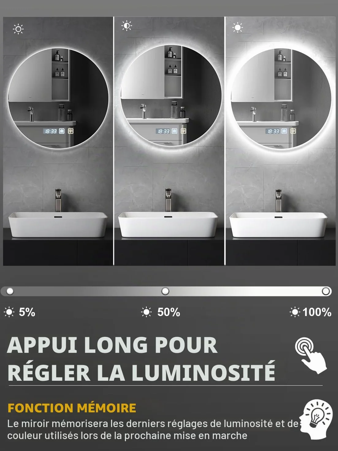 Miroir de salle de bain rond à LED, 60 x 60 cm, mural, antibuée, lumière variable en 3 couleurs, miroir antibuée avec lumières rétroéclairées, pour salle de bain