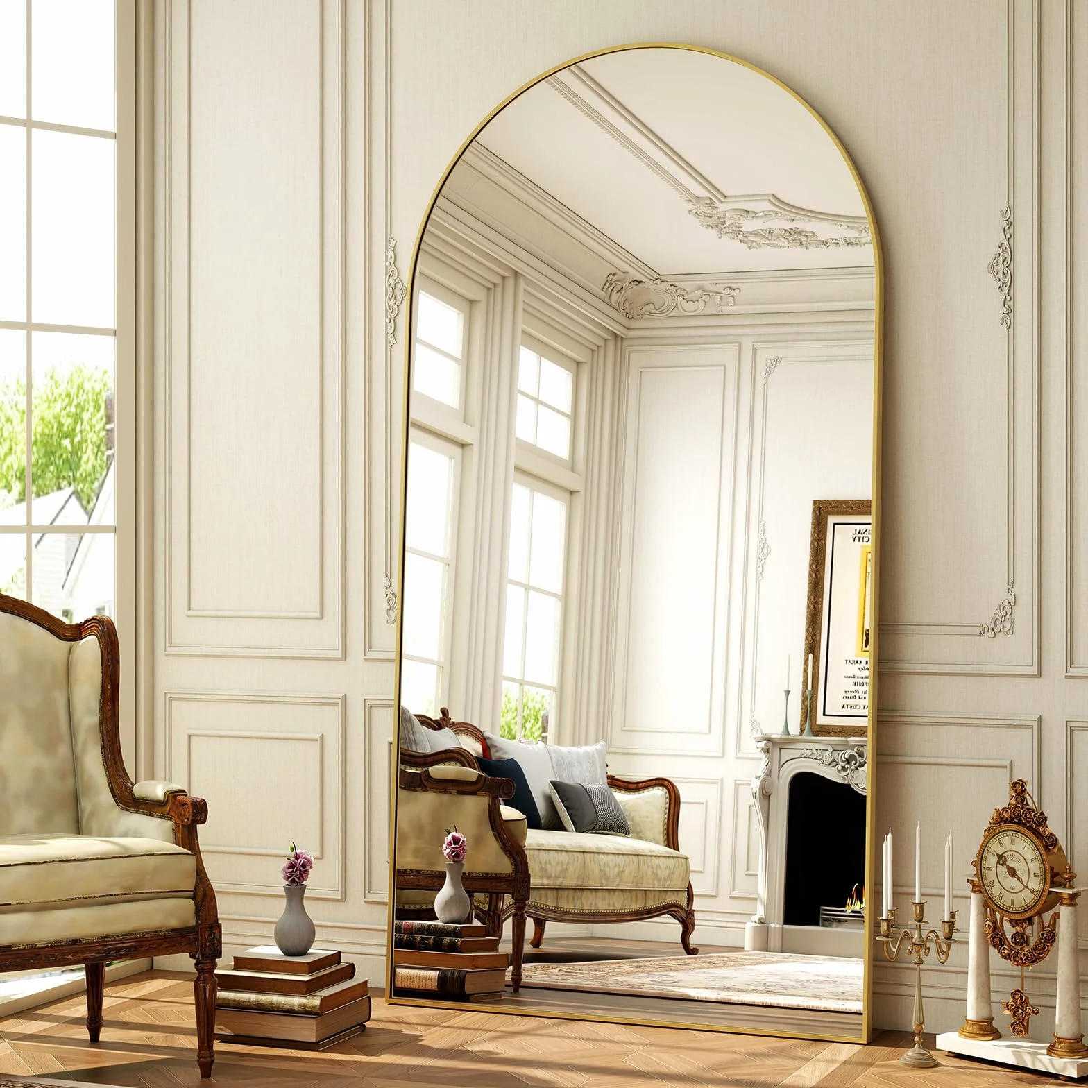 Koonmi Miroir sur pied 171 x 76 cm Miroir arque Verre robuste Doré