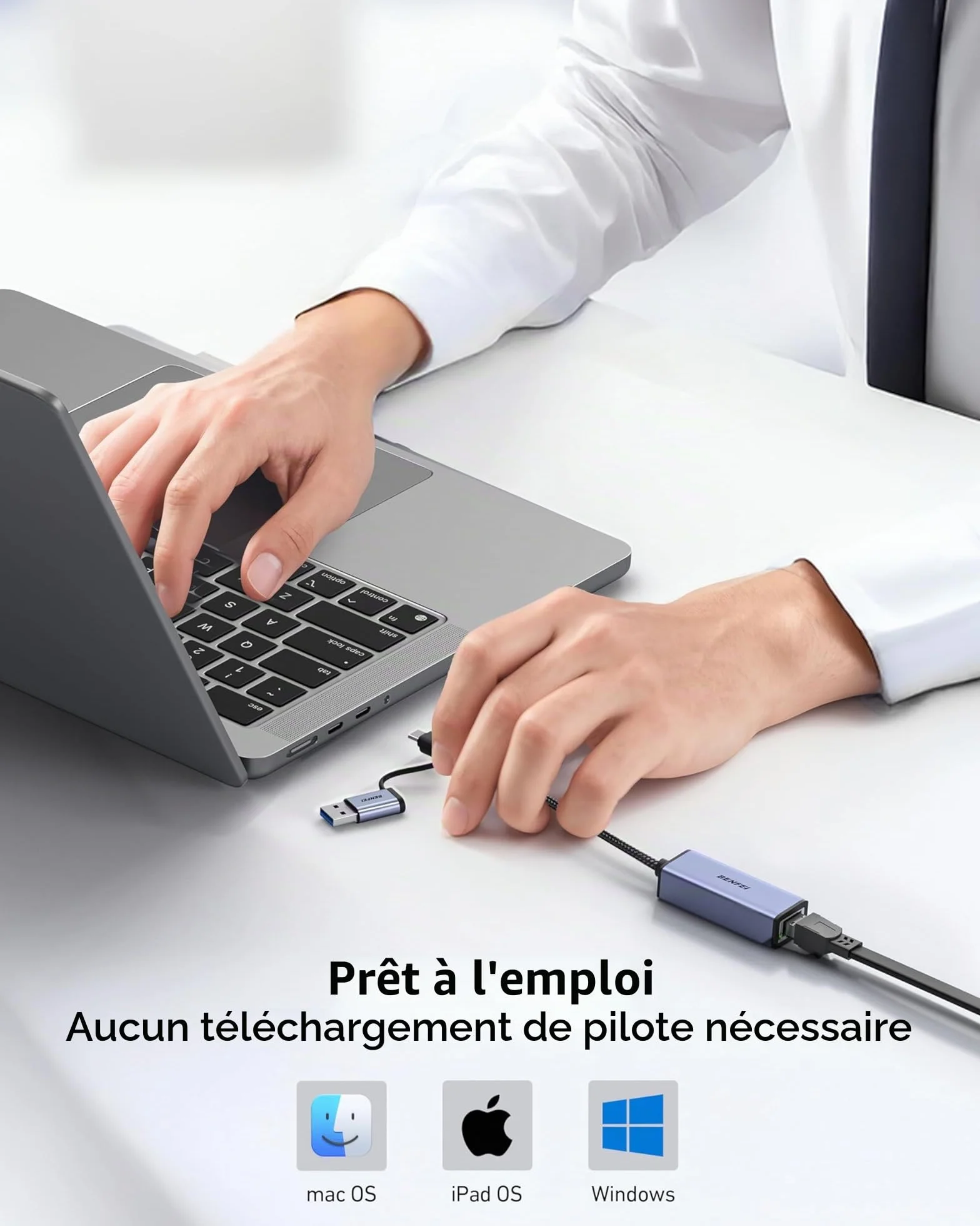 BENFEI Adaptateur USB Ethernet 2-en-1 USB 3.0 USB C vers RJ45 LAN 1 Gbps