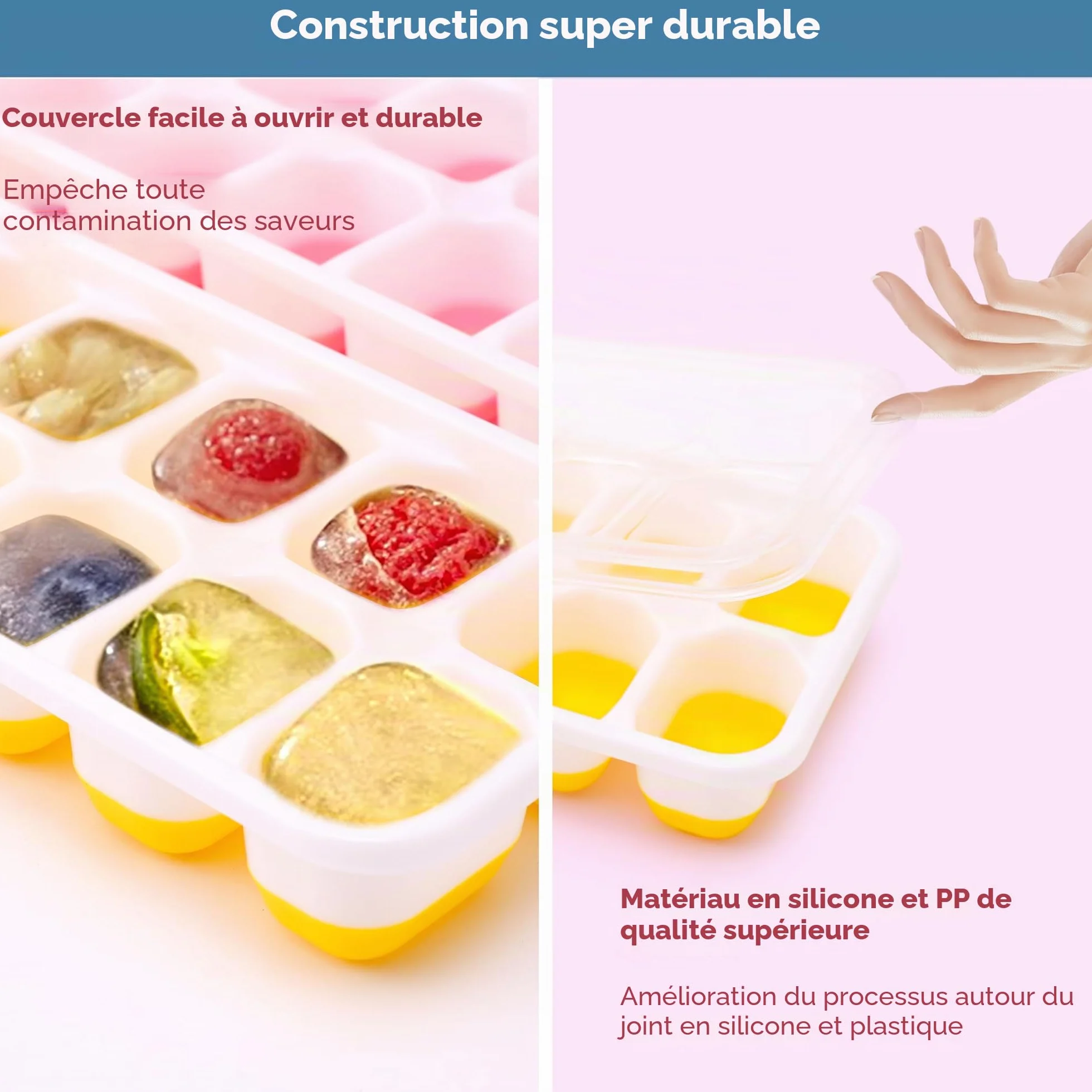 Moule à glaçons en silicone avec couvercle lot de 4 bacs empilables pour babybrei cocktail whisky café Bleu Vert Rose Jaune