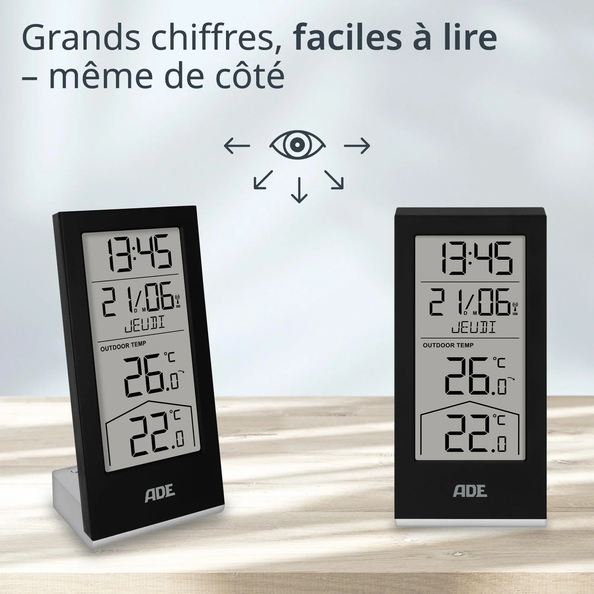 Station météo numérique sans fil ADE avec capteur extérieur, thermomètre intérieur et extérieur, horloge radio pilotée, calendrier numérique, noir