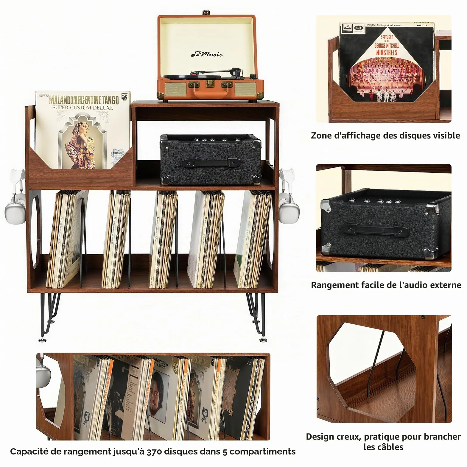 ikkle Grand support de tourne-disque rustique à 2 niveaux avec rangement de disques vinyle, armoire de rangement en vinyle avec pieds en métal, support pour salon, chambre à coucher, peut contenir 370
