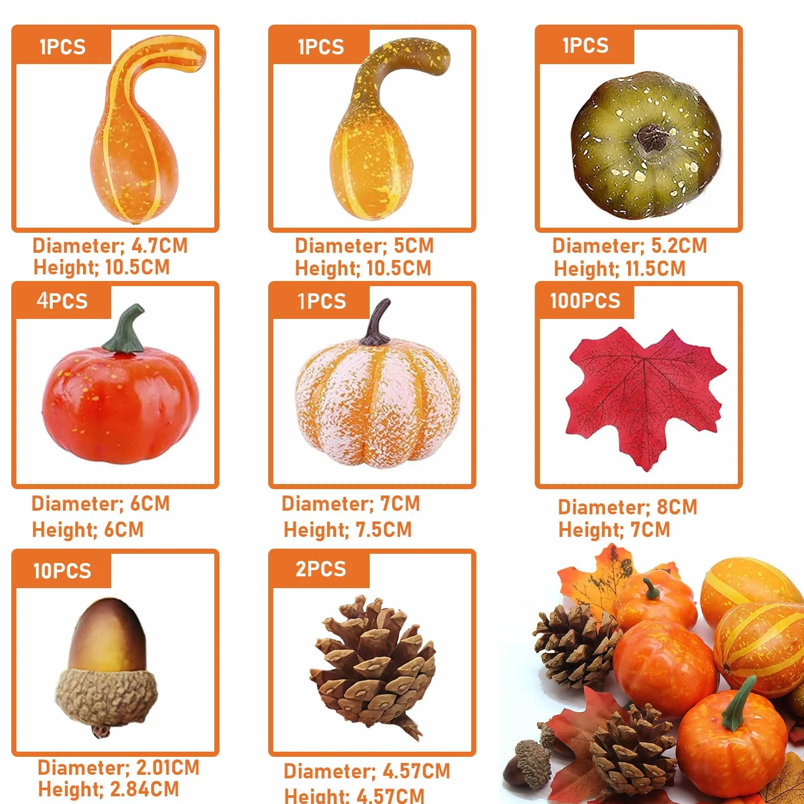 120Pcs Ensemble de Citrouilles Artificielles Décoration d'Automne Fausses Citrouilles Feuilles Pommes de Pin Gourdes Halloween Thanksgiving