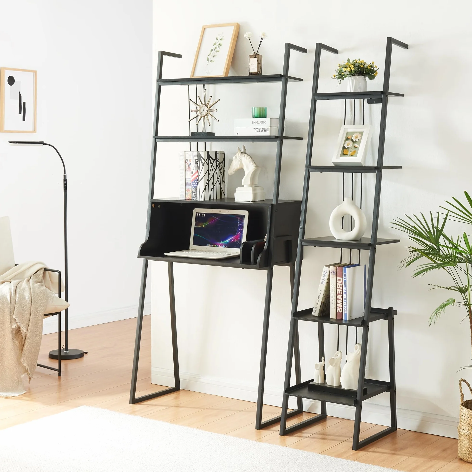 Ensemble de 2 Meubles de Salon Style Industriel avec Bureau et Étagère Échelle Métal Noir