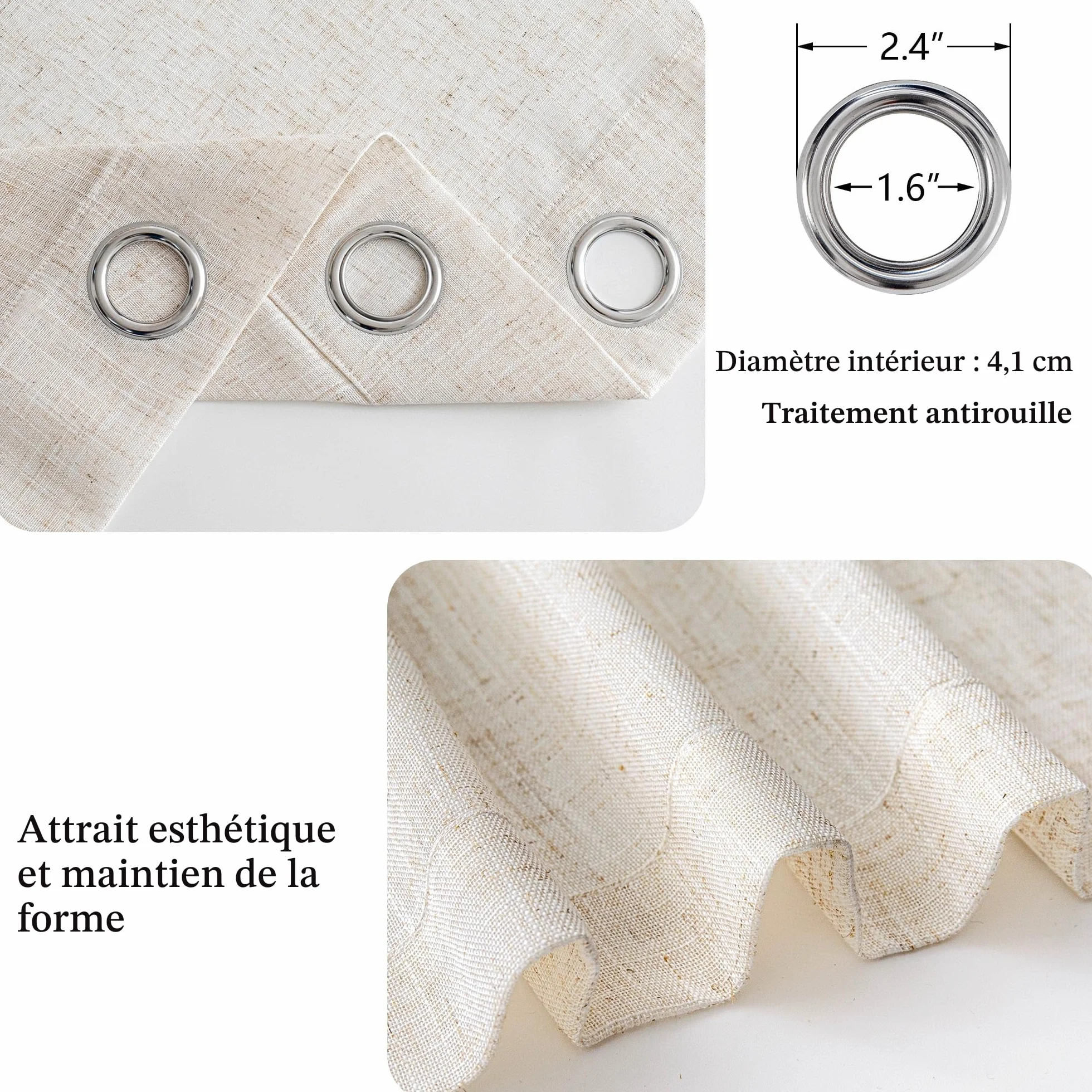 Rideau Voilage Lin Naturel Beige 140x240cm 2pcs Oeillets Moderne Translucides Salon Chambre