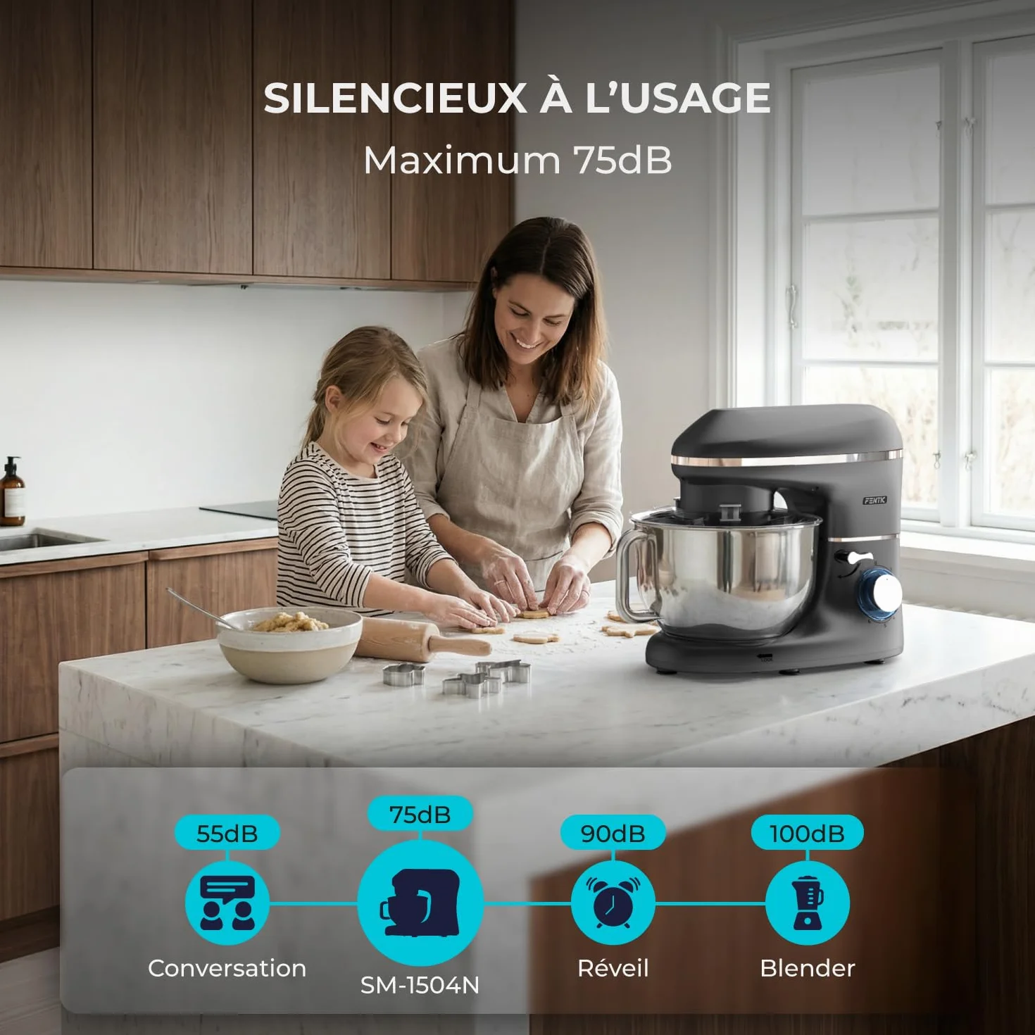 Robot Pâtissier – 2000W – Bol mélangeur en acier inoxydable (6,2L) – Avec fouet, Crochet pétrisseur et Batteur plat – Incl. et accessoires supplémentaires (Anthracite)