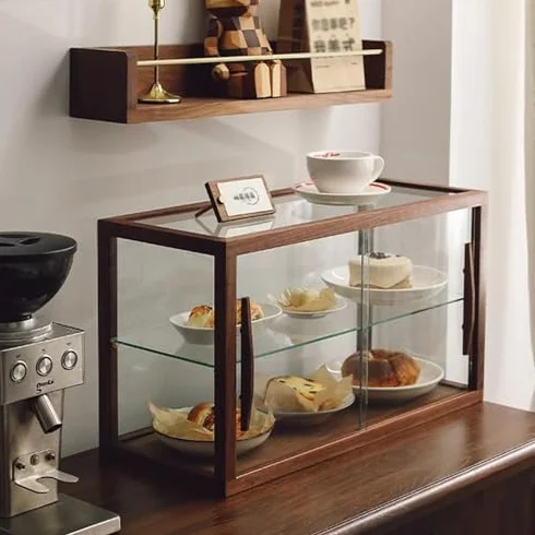 Vitrine de boulangerie, comptoir en bois avec portes en verre, vitrine à pâtisserie pour pâtisseries, biscuits, desserts, cupcakes