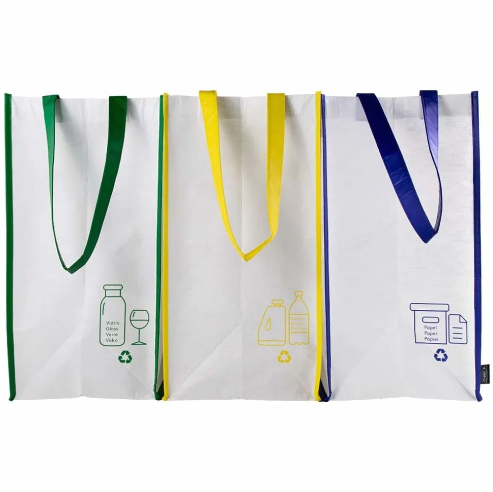 Sacs de recyclage 23L Lot de 3 Bleu Vert Jaune Rubans Poignées Durables Plastique Verre Papier Carton