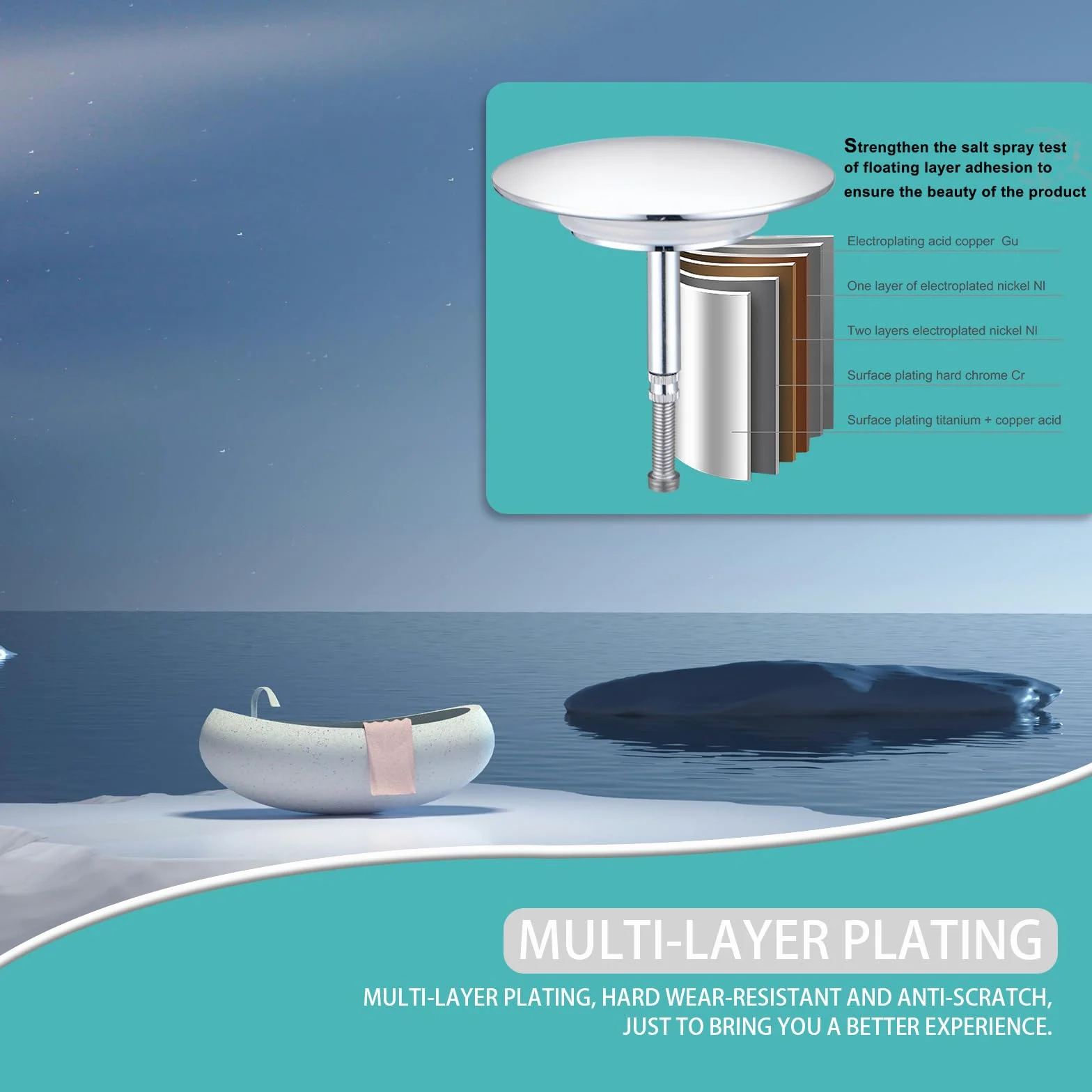 Bouchon de vidange de Baignoire chromé 70 mm réglable 4,0-7,5 cm Double Joint d'étanchéité