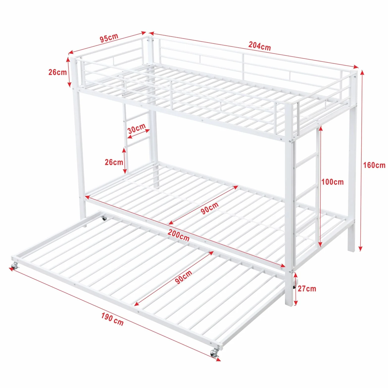 Lit Superposé 3 Places 90x200 cm avec lit Gigogne 90x190cm,Blanc | Cadre de Lit en Métal,Barrières de Sécurité, Échelle Antidérapante, lit avec sommier,Certification EN747,pour Garçons Filles
