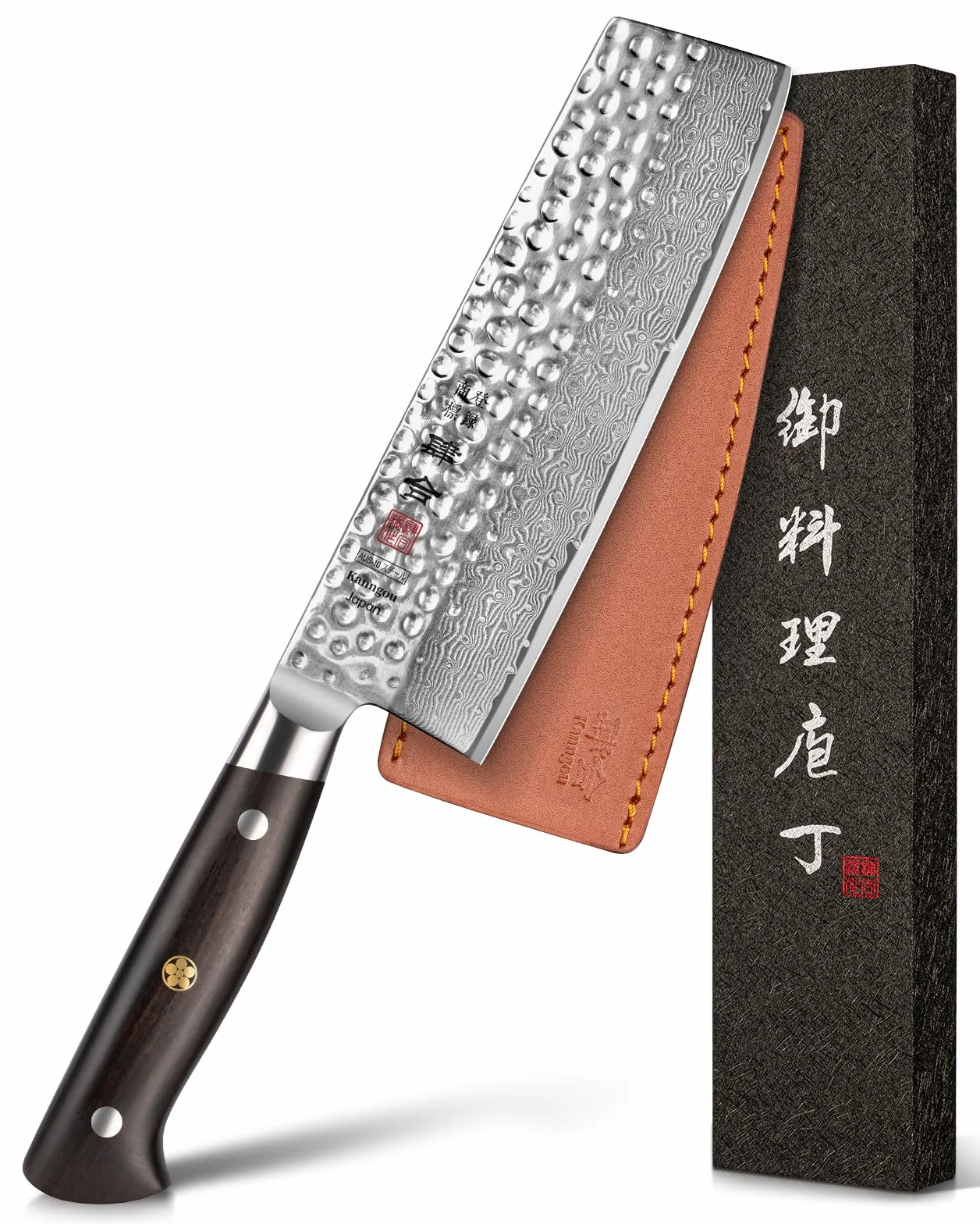 kanngou Couteau Nakiri Japonais 18 cm Couteau Damas en Acier Damas 67 Couches, Manche en Bois d’Ébène Pleine Soie, Couteau à Légumes avec Coffret Cadeau Premium