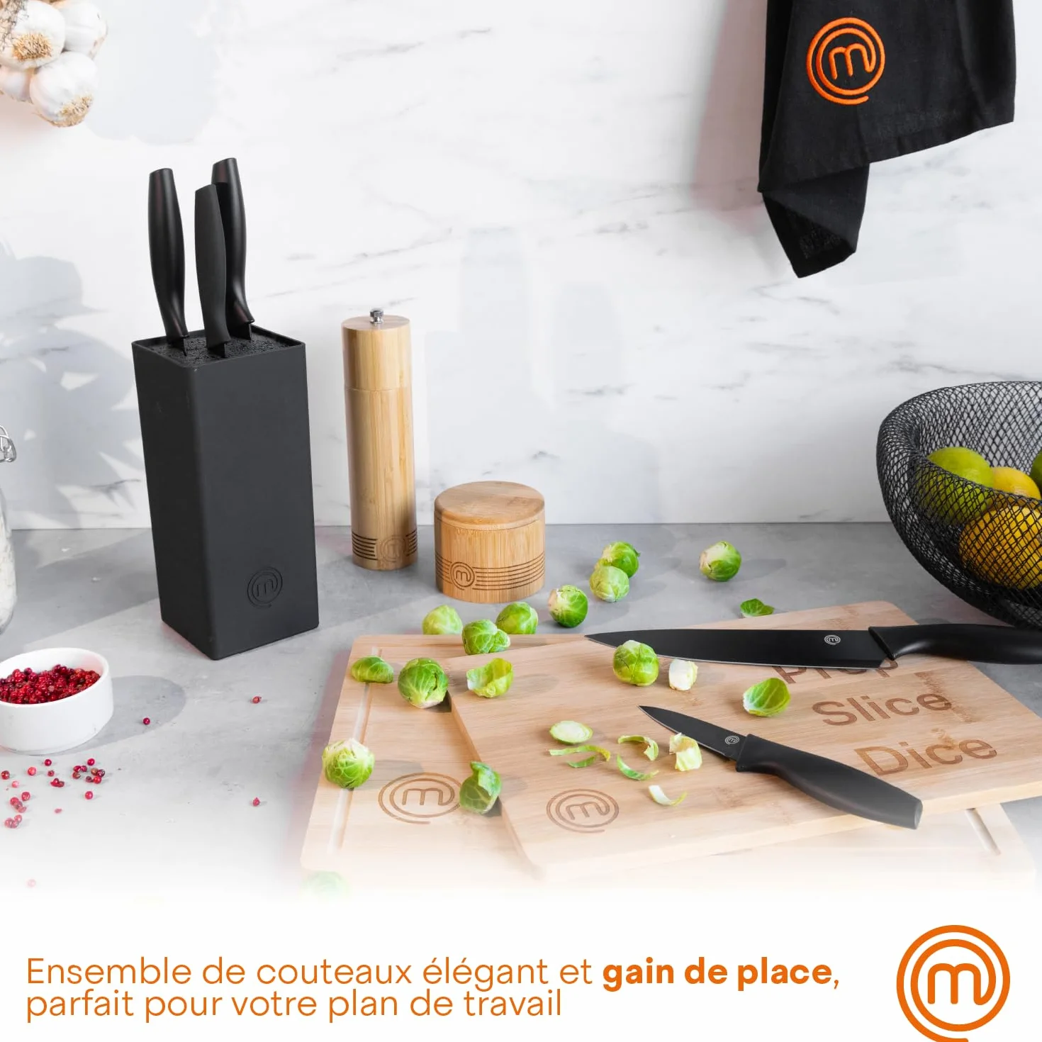 MasterChef Couteaux de Cuisine avec Bloc, Acier Inoxydable, Noir