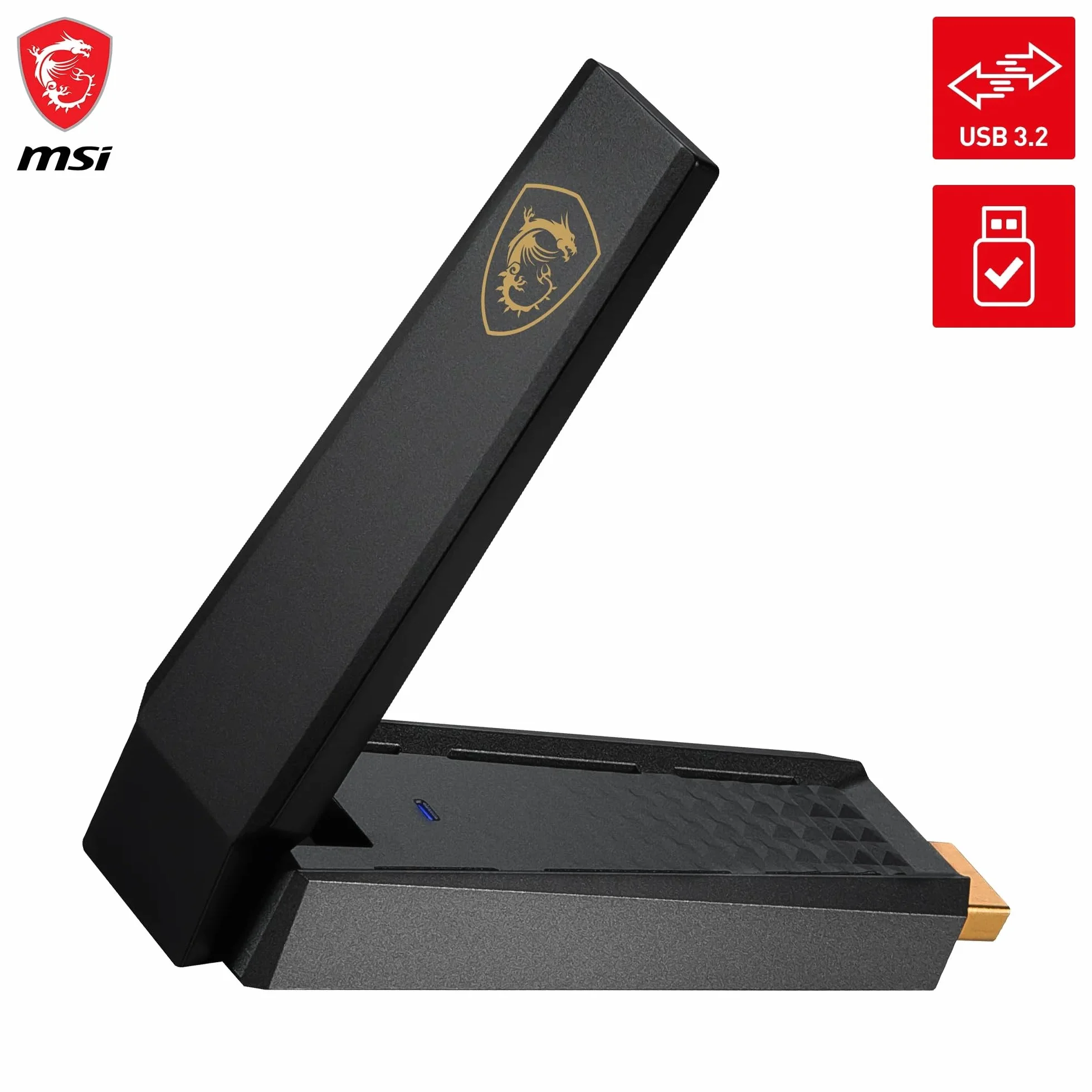 MSI AXE5400 trójpasmowy adapter USB WiFi 6E – WLAN do 5400 Mb/s (6 GHz, 5 GHz, 2,4 GHz bezprzewodowy), USB 3.2 Gen 1 typu A, MU-MIMO, regulowana antena, formowanie wiązki, WPA3 - przewodowy stojak na