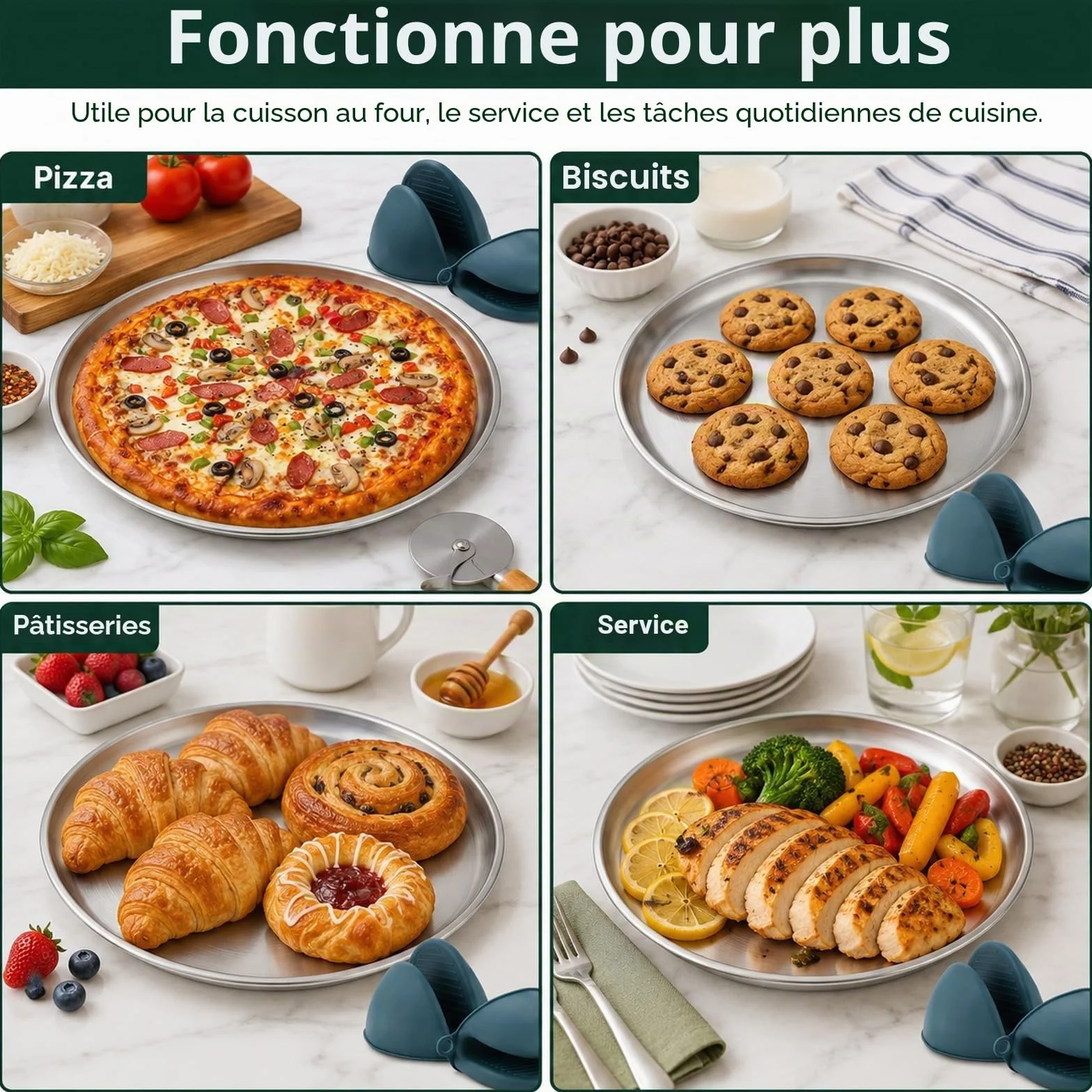 WOPPLXY Lot de 8 Plaque Pizza Four, Plaque Pizza 30cm avec des Gants en Silicone, Plat Pizzas Rond en Acier Inoxydable pour La Cuisson au Four