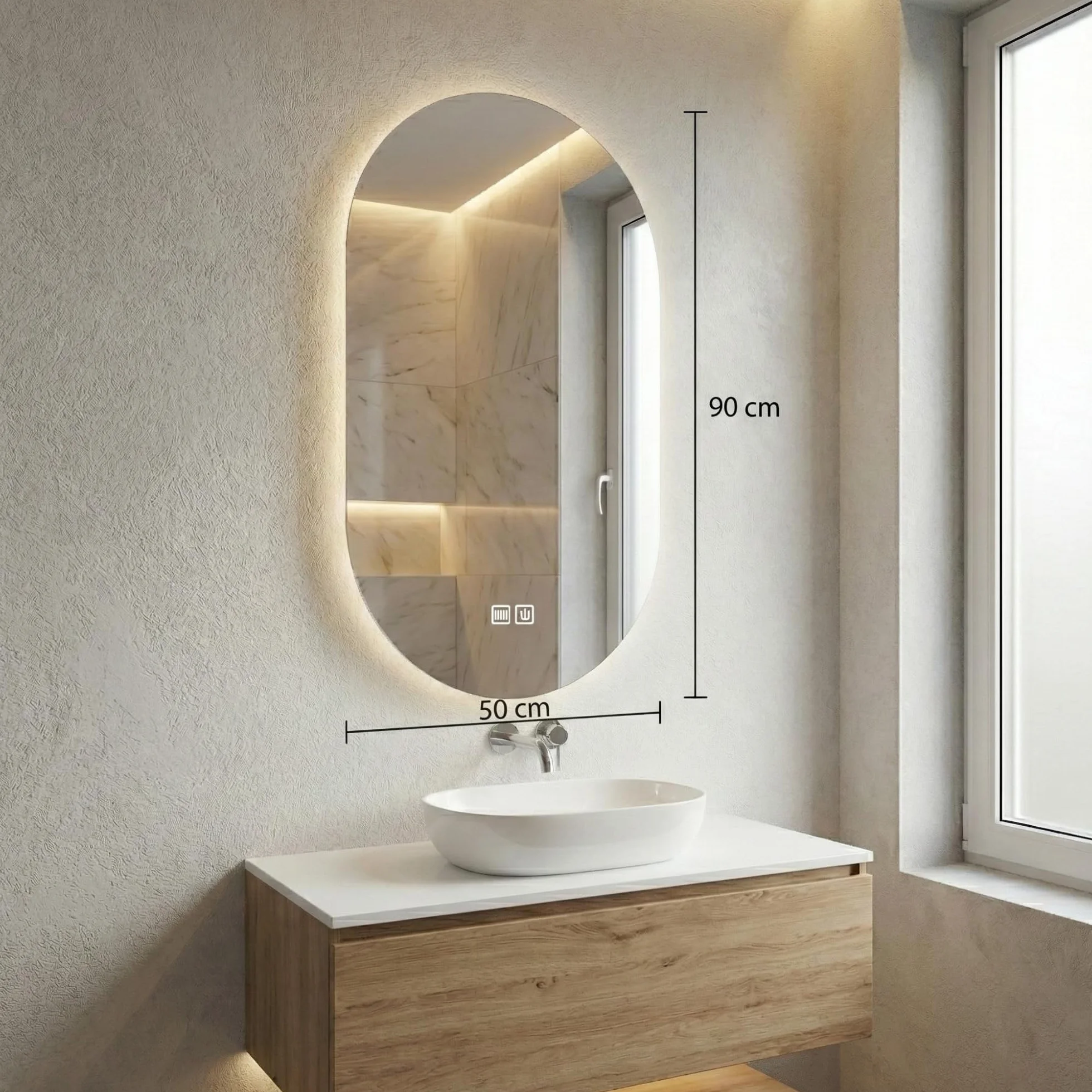 Bayt Miroir de Salle de Bain Ovale avec Éclairage LED, Anti-Buée, 2 Modes d’Éclairage, Miroir Mural 50 x 90 cm
