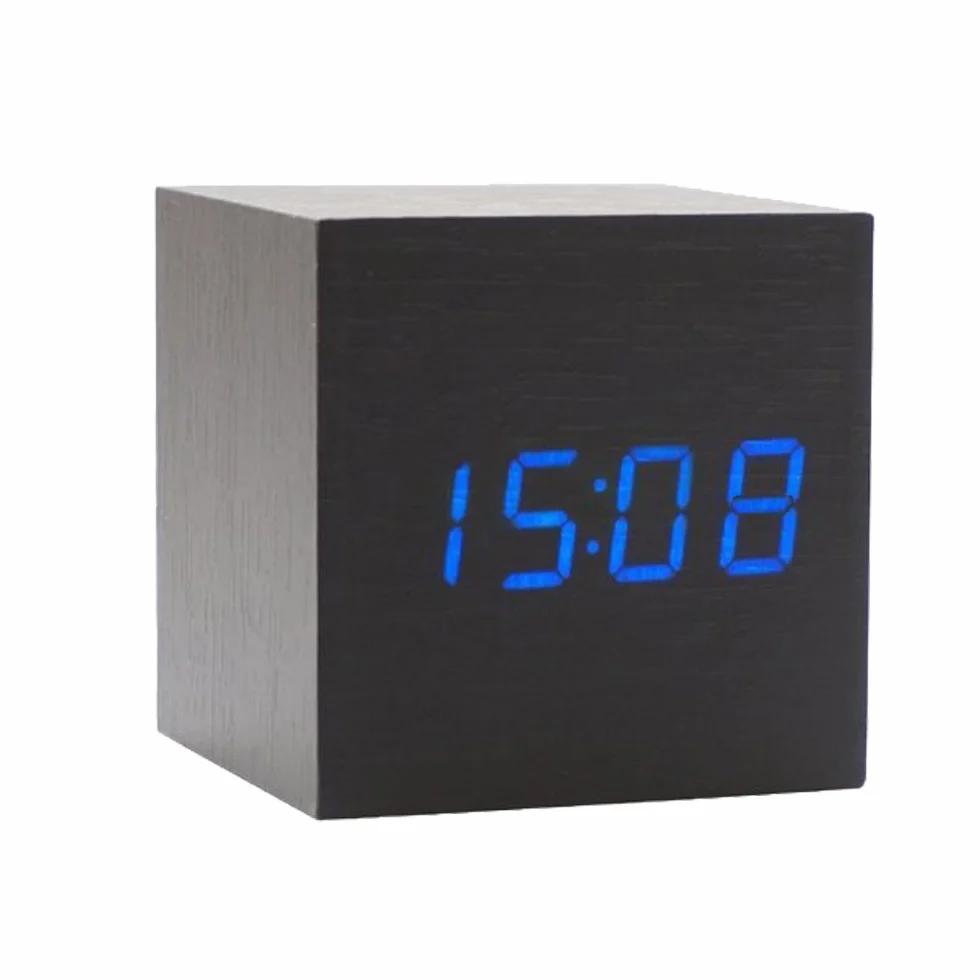 Onerbuy Horloge de Voyage Portable avec écran LCD - Réveil Numérique en Bois Cube Tactile Sonore