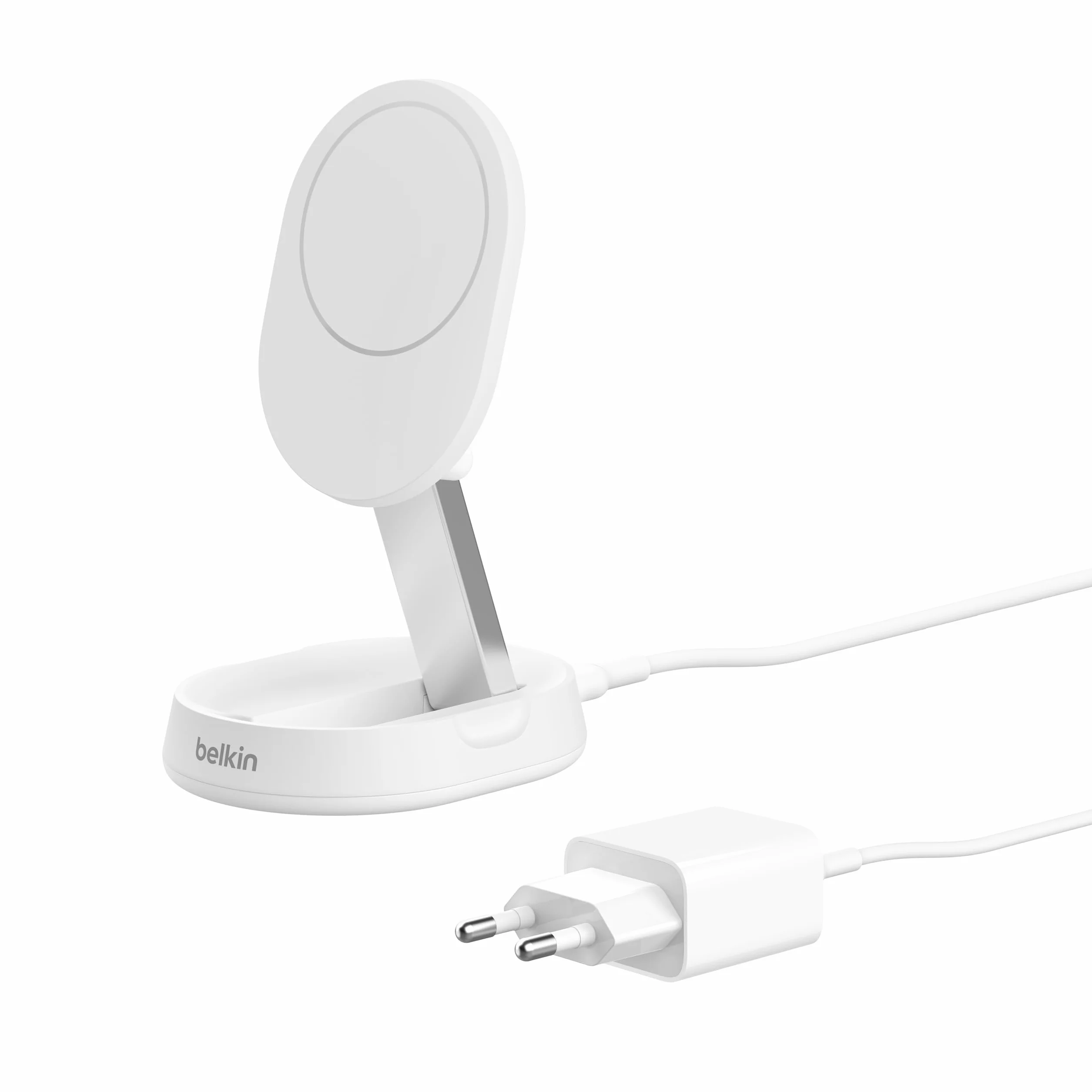 Belkin BoostCharge Pro konwertowalna podstawka ładująca 15W, kompatybilna z MagSafe szybka bezprzewodowa ładowarka Qi2, ładowarka indukcyjna do iPhone 15, 14, AirPods, w zestawie zasilacz 20W - biała