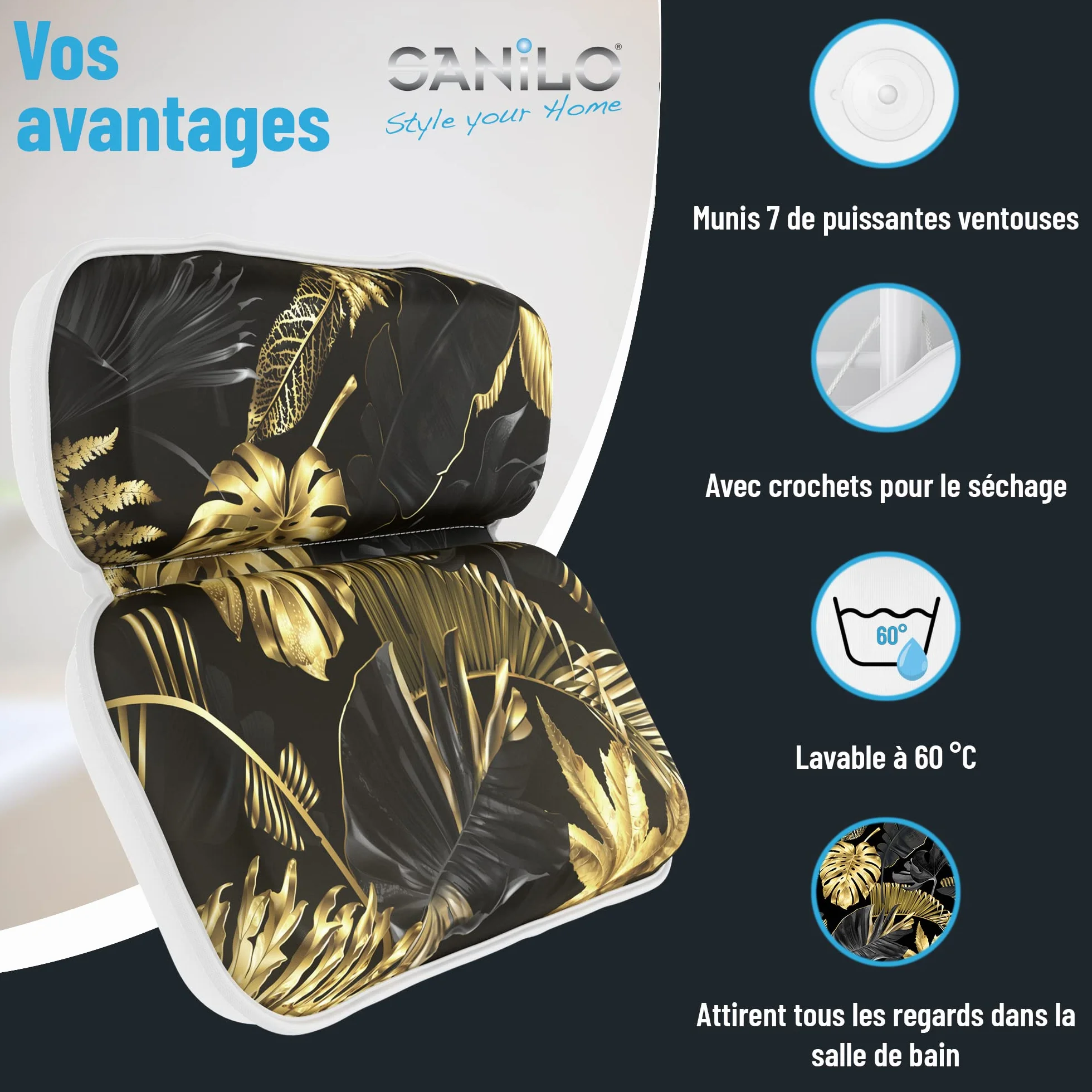 Sanilo Coussin de Bain, Nombreux Coussin pour Baignoire Confortables à Motifs, Coussins de Nuque Munis de Puissantes Ventouses, Lavables (Golden Leaves)