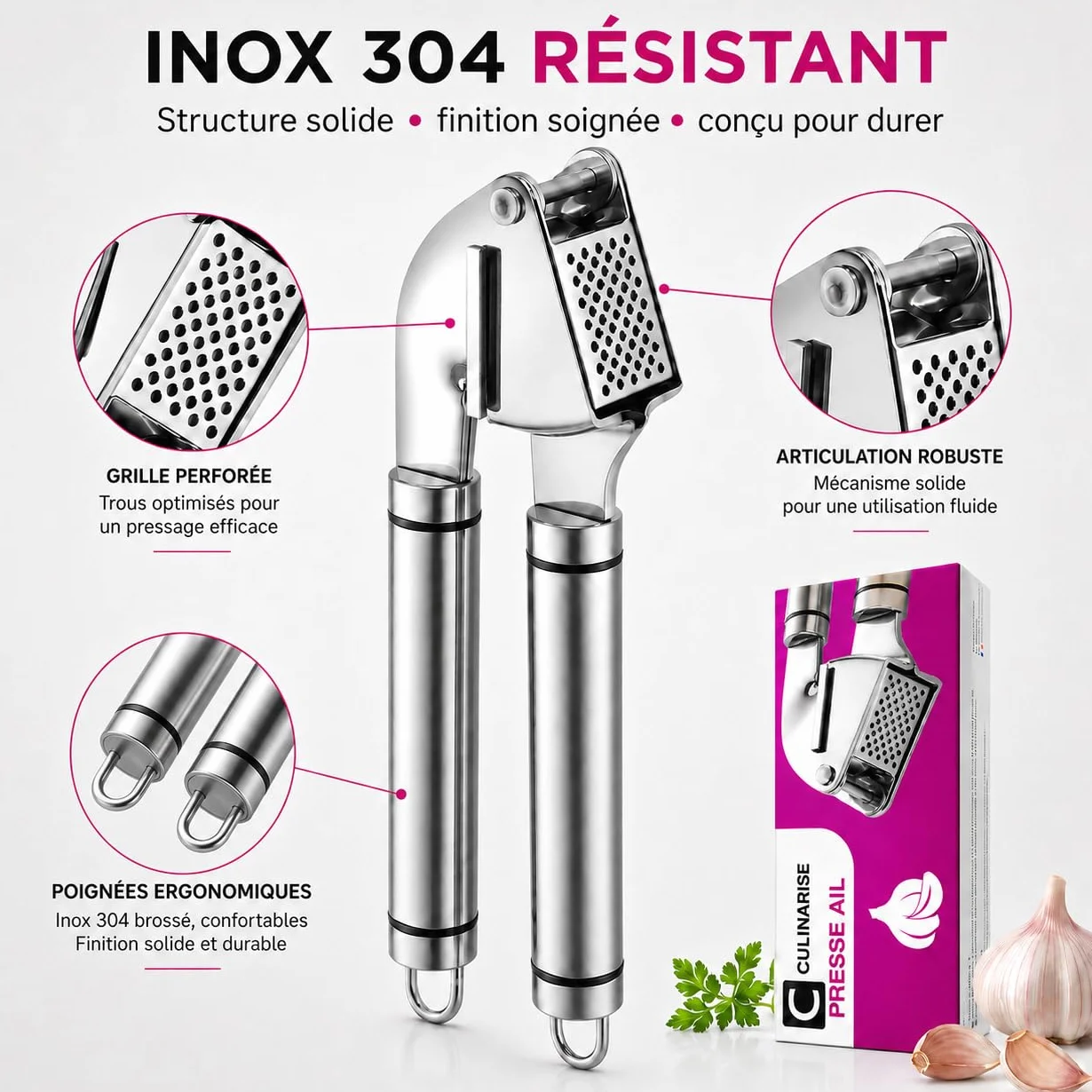 Presse Ail Inox 304 CULINARISE Professionnel Grande Cavité 1-2 Gousses Manuel