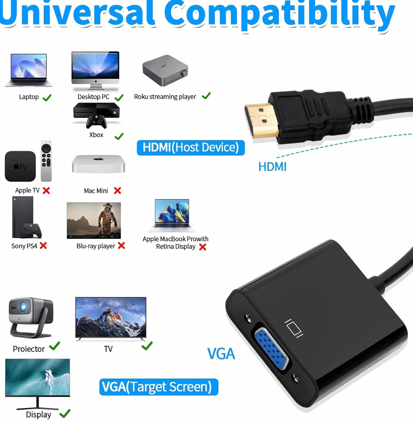 YIIFELL Adaptateur HDMI vers VGA Convertisseur Mâle Femelle 1080P