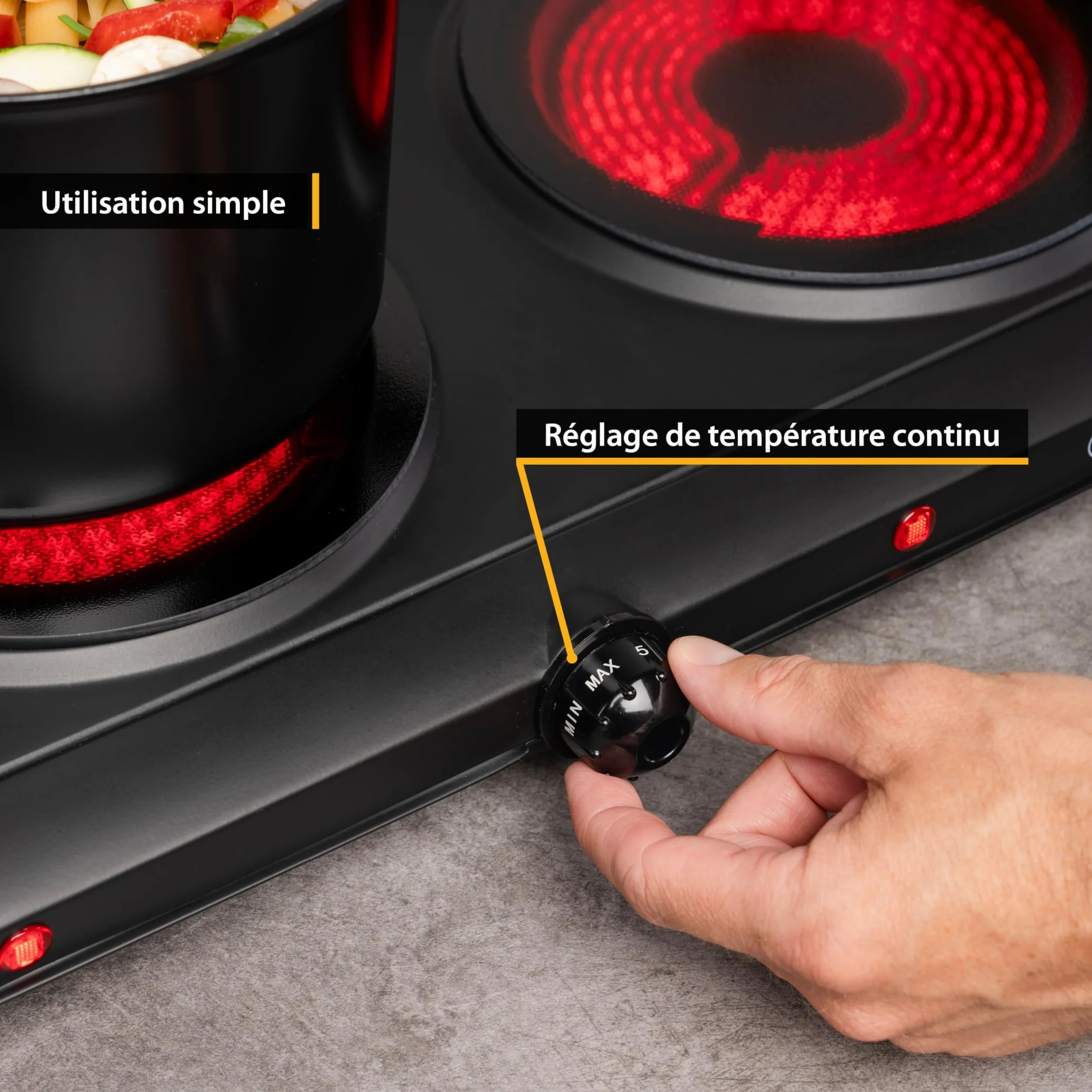 TZS First Austria - Plaque de cuisson double infrarouge vitrocéramique TOUS types de casseroles 2500W - Mini réchaud électrique pour déménagement, camping & maison - Réglage continu & témoin contrôle