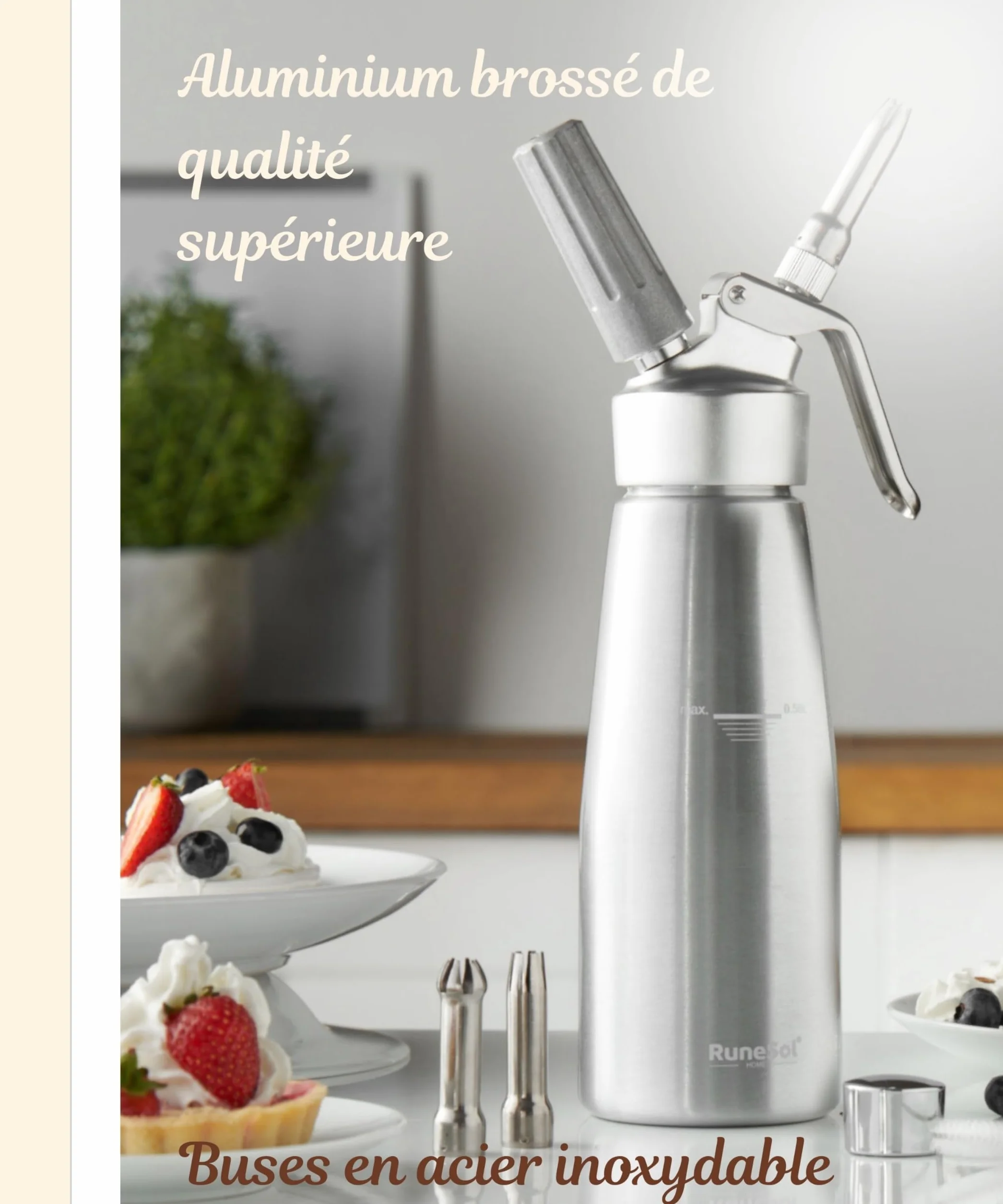 Runesol Siphon Chantilly Professionnel Aluminium 500ml 3 Douilles Acier Inoxydable
