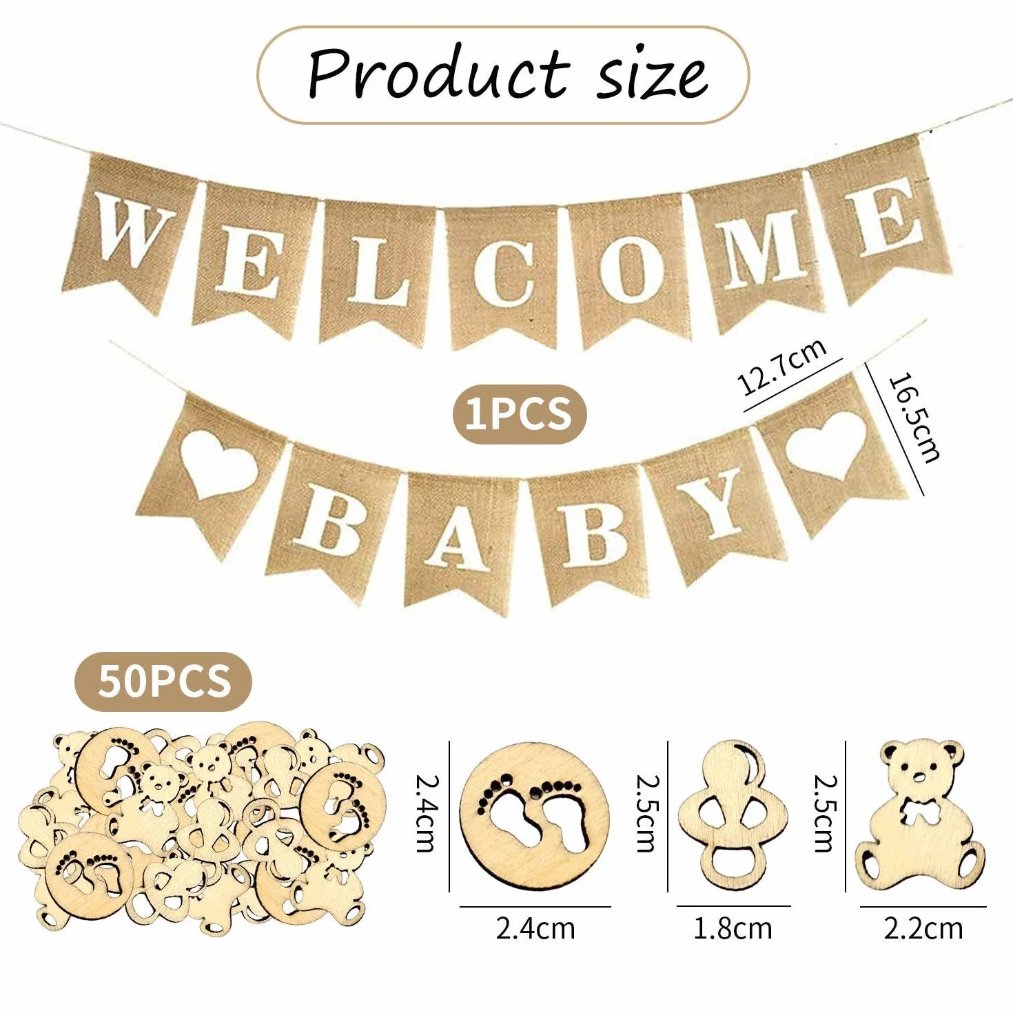 Drapeau Machaon Bannière Bienvenue Bébé Toile Jute Décoration Baby Shower 1 Pièce 50 Pièces Sciure Bois