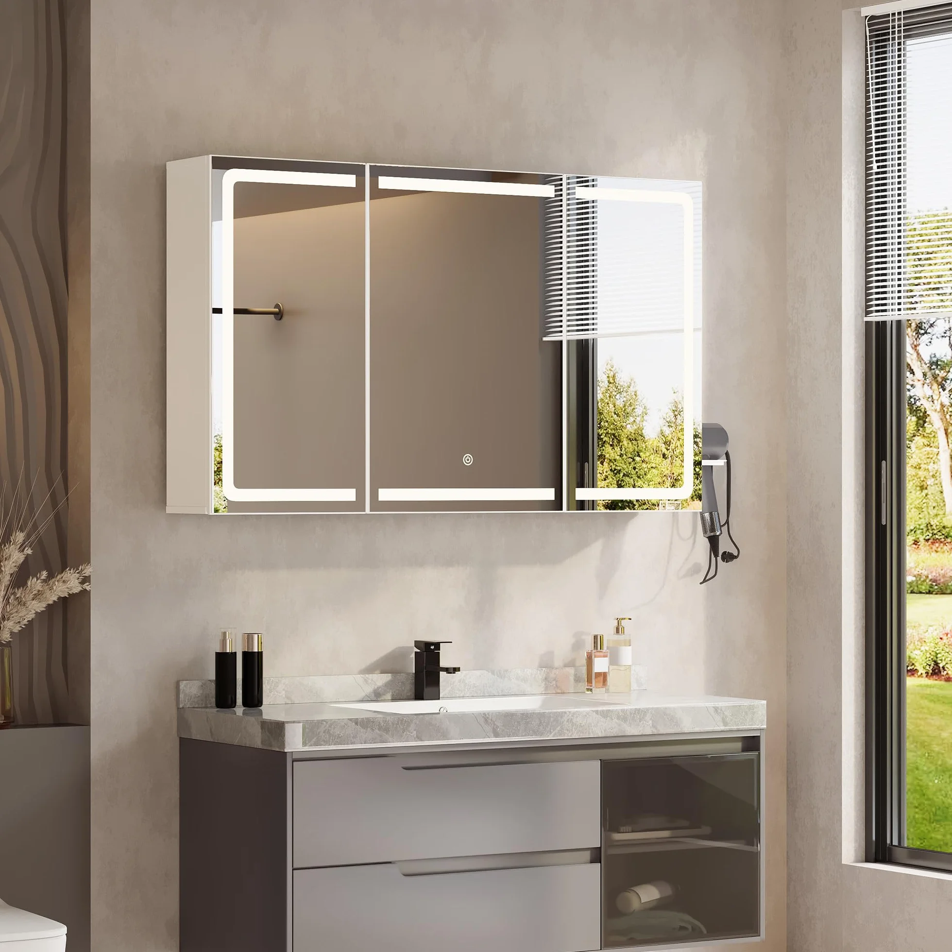 Xbro Armoire de Salle de Bain avec éclairage LED 100 × 16 × 60 cm avec Prise, étagère latérale, Portes Miroir réglables, Blanc