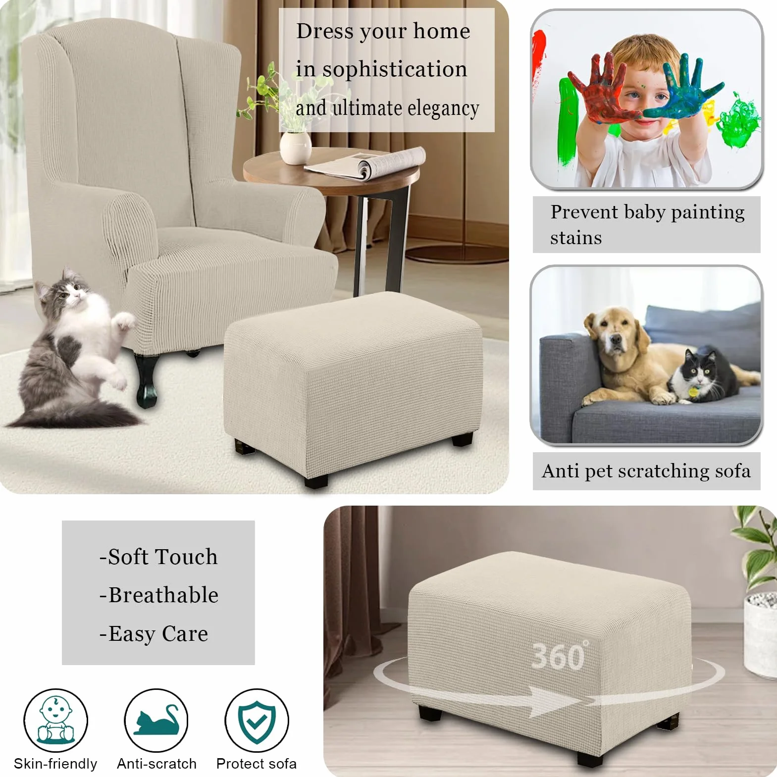 Housse de Protection Ottoman pour Repose-Pieds Rectangulaire Beige