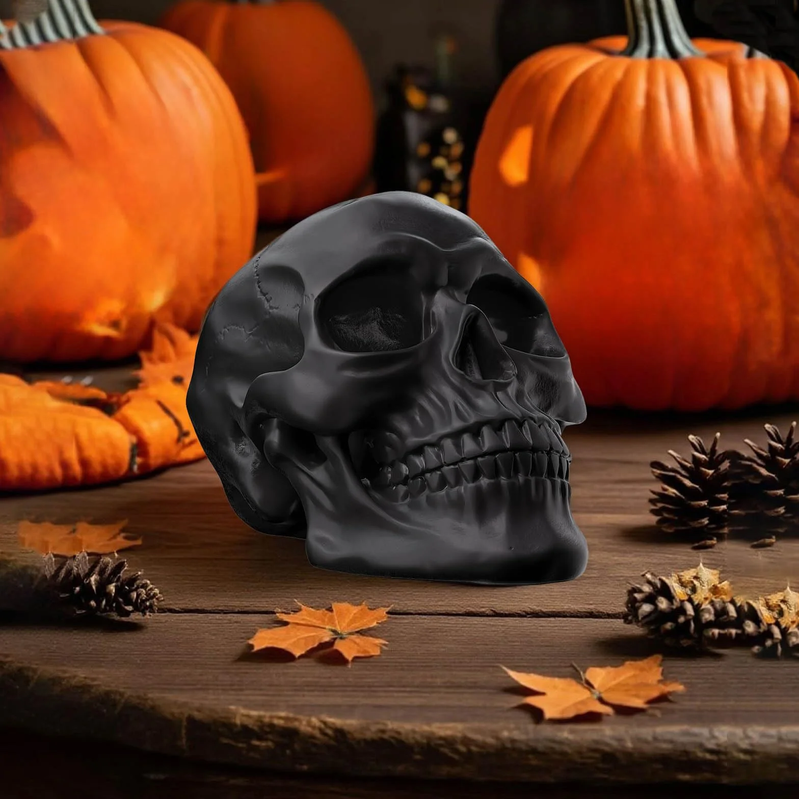 Crâne d'Halloween Statue en Résine Décoration Intérieur Rétro Noir