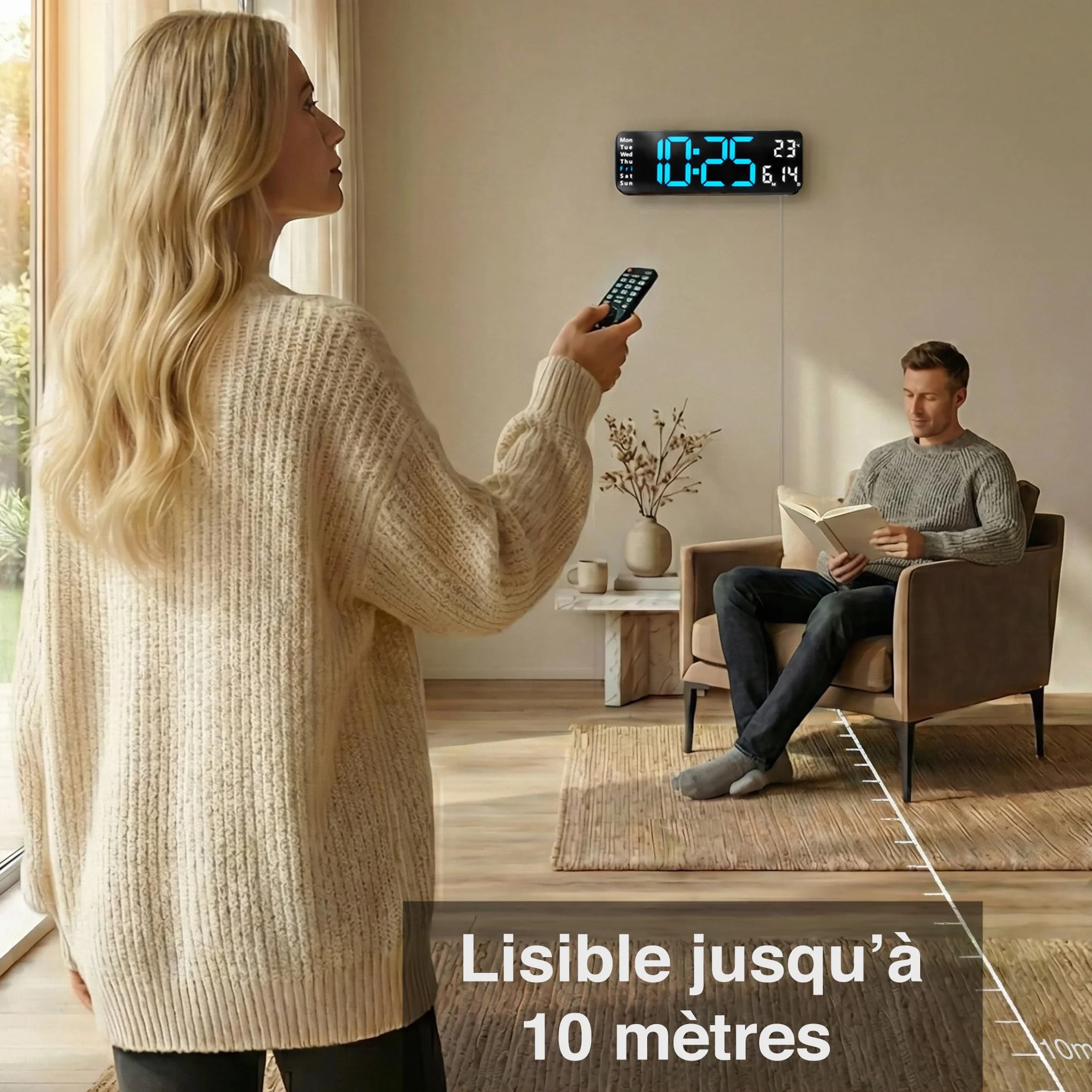 Horloge Numérique Murale Grand Affichage Chiffres LED Lisibles Silencieuse Bleu/Blanc