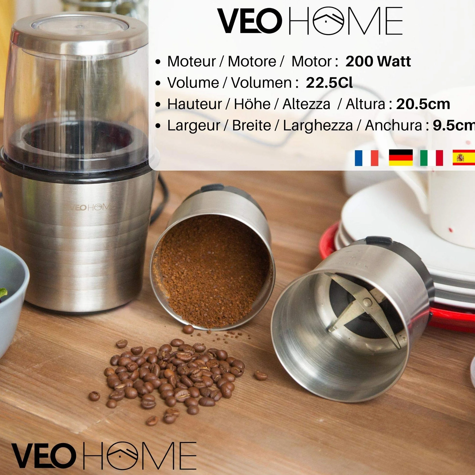 Moulin à café et mixeur électrique VeoHome broyeur pour grains de café, graine de lin et autres épices - inox
