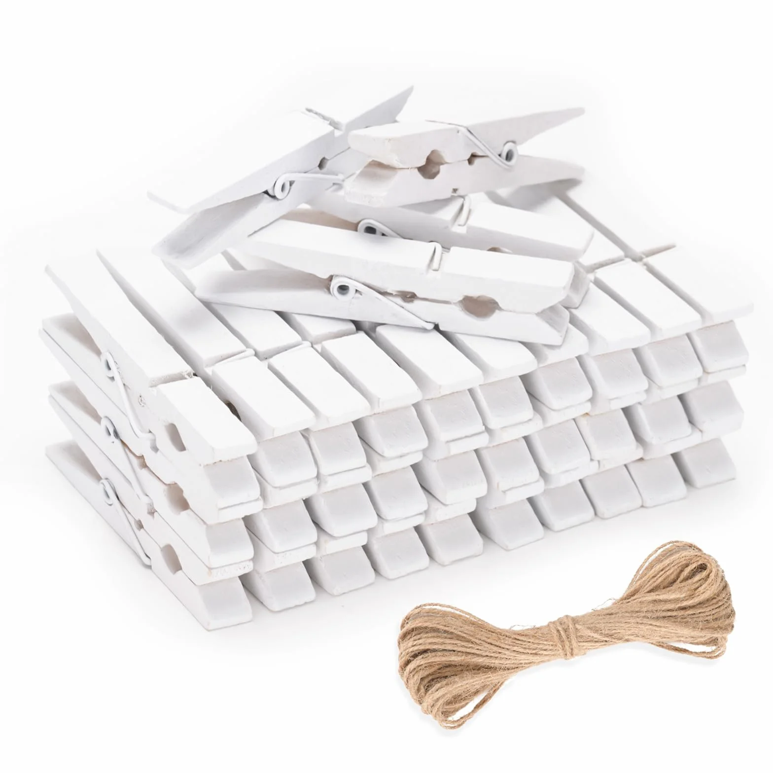 Lot de 50 pinces à linge en bois blanc 7 cm avec ficelle jute 10 m - Décoration mariage Noël travaux manuels