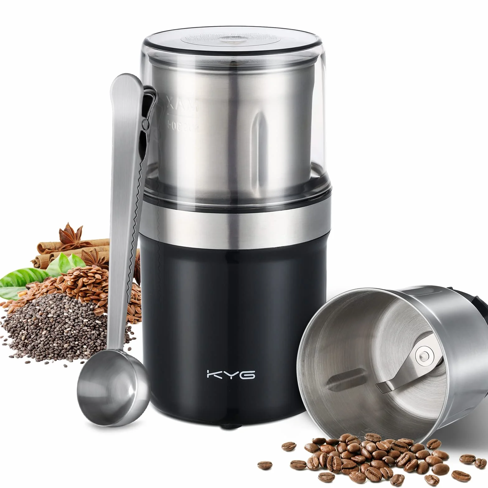 Moulin à Café Électrique KYG pour Graines, Poivre, Graines de Lin avec Bol Amovible, Moulin à Épices 300W, Tasse en Acier Inoxydable Lavable