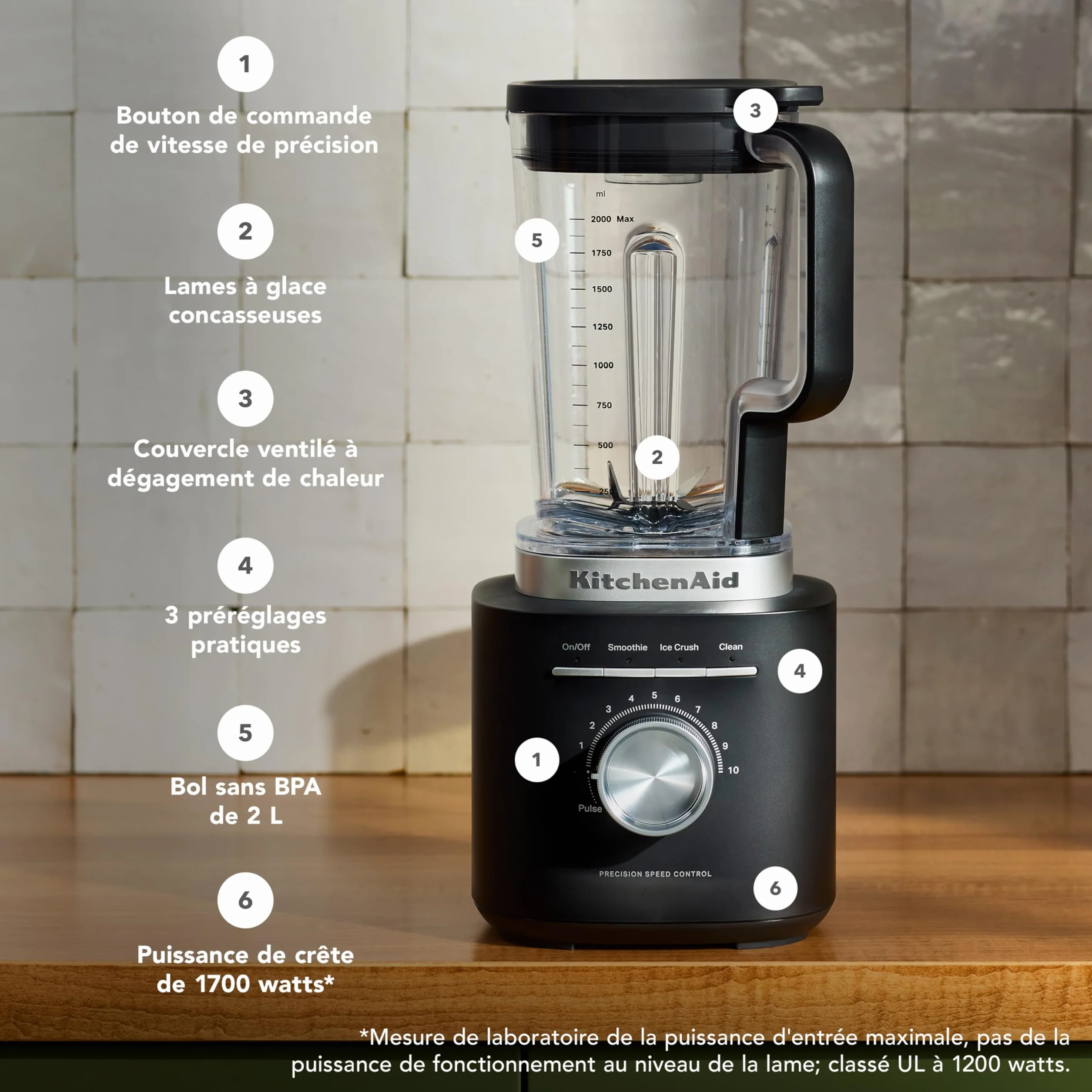 KitchenAid Blender Pure Power, Pichet 2L Sans BPA, 10 Vitesses, Programmes Glace & Smoothie, Lames Inox Asymétriques, Base Métal, Noir Mat