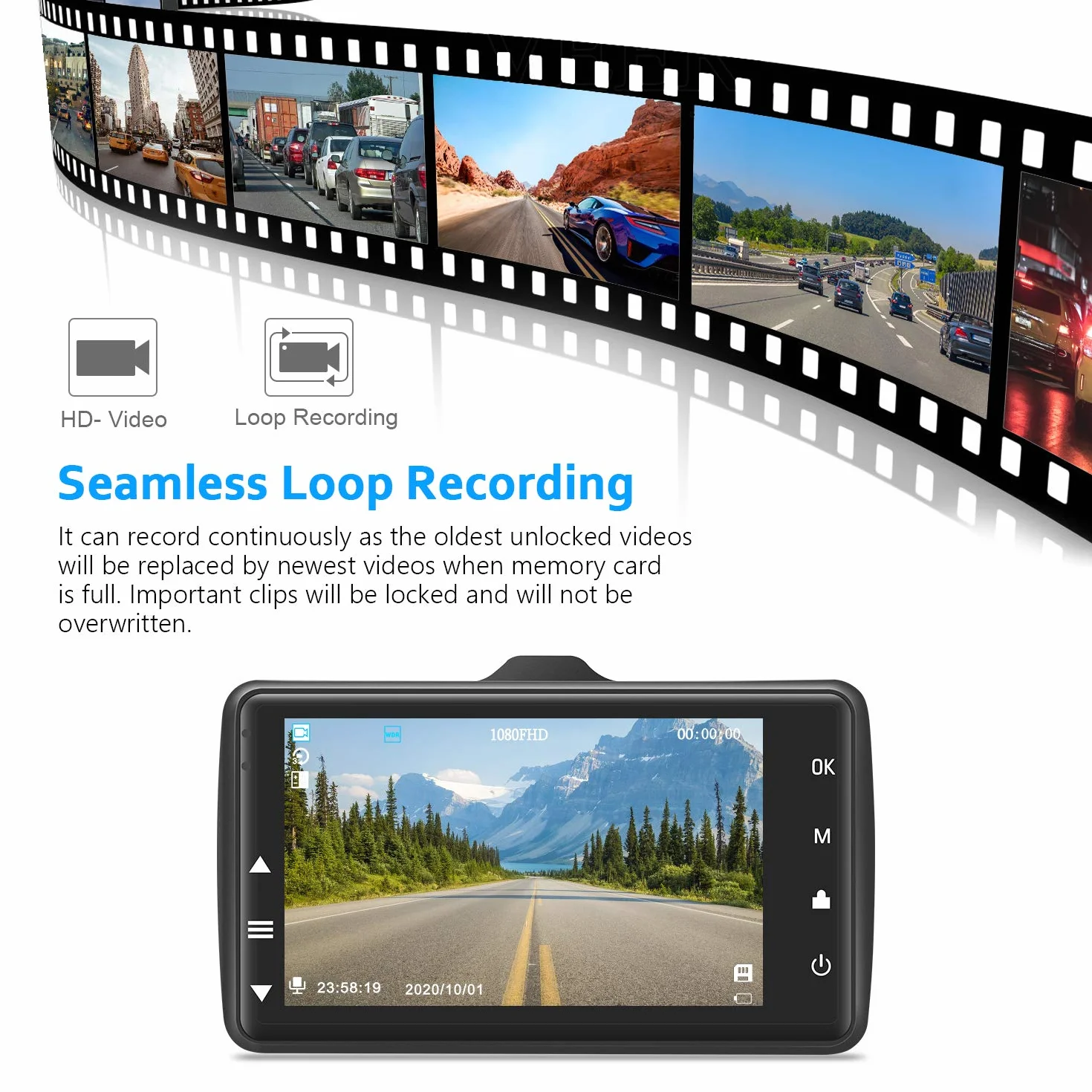 Kamera przednia z 32G SD Card, BOOGIIO 1080P FHD Car Driving Recorder 3'' IPS Screen 170°Wide Angle Dashboard Camera Aluminium, obudowa ze stopu aluminium, WDR G-Sensor Parking Monitor pętli