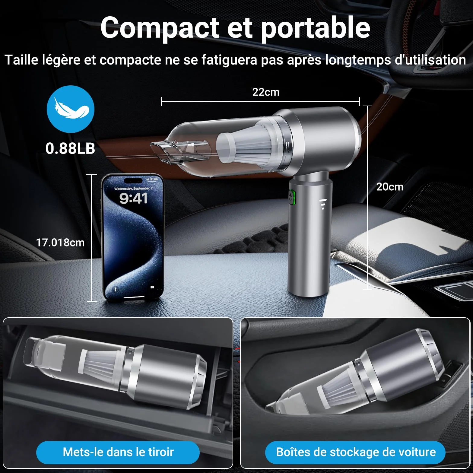 Aspirateur à Main sans Fil 26000Pa, 3 Vitesses Moteur sans Brosse, Mini Aspirateur de Voiture pour Animaux Maison